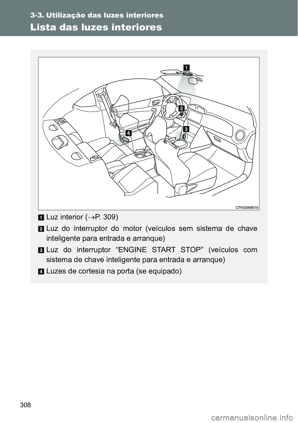 TOYOTA GT86 2018  Manual de utilização (in Portuguese) 308
3-3. Utilização das luzes interiores
Lista das luzes interiores
Luz interior (P. 309)
Luz  do  interruptor  do  motor  (veículos  sem  sistema  de  chave
inteligente para entrada e arranque)