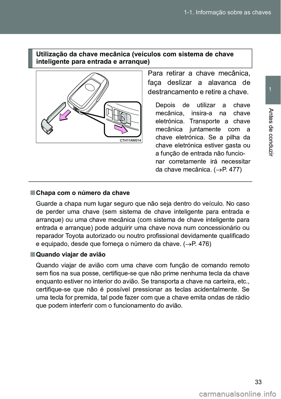 TOYOTA GT86 2018 Manual de utilização (in Portuguese) 33 1-1. Informação sobre as chaves
1
Antes de conduzir
Para retirar a chave mecânica,
faça deslizar a alavanca de
destrancamento e retire a chave.
Depois de utilizar a chave
mecânica TOYOTA GT86 2018 Manual de utilização (in Portuguese) 33 1-1. Informação sobre as chaves
1
Antes de conduzir
Para retirar a chave mecânica,
faça deslizar a alavanca de
destrancamento e retire a chave.
Depois de utilizar a chave
mecânica