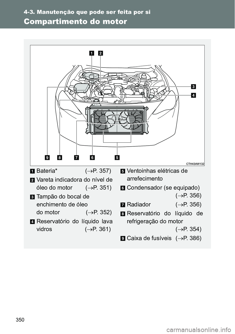 TOYOTA GT86 2018  Manual de utilização (in Portuguese) 350
4-3. Manutenção que pode ser feita por si
Compartimento do motor
Bateria* (P. 357)
Vareta indicadora do nível de
óleo do motor        (P. 351)
Tampão do bocal de 
enchimento de óleo 
d