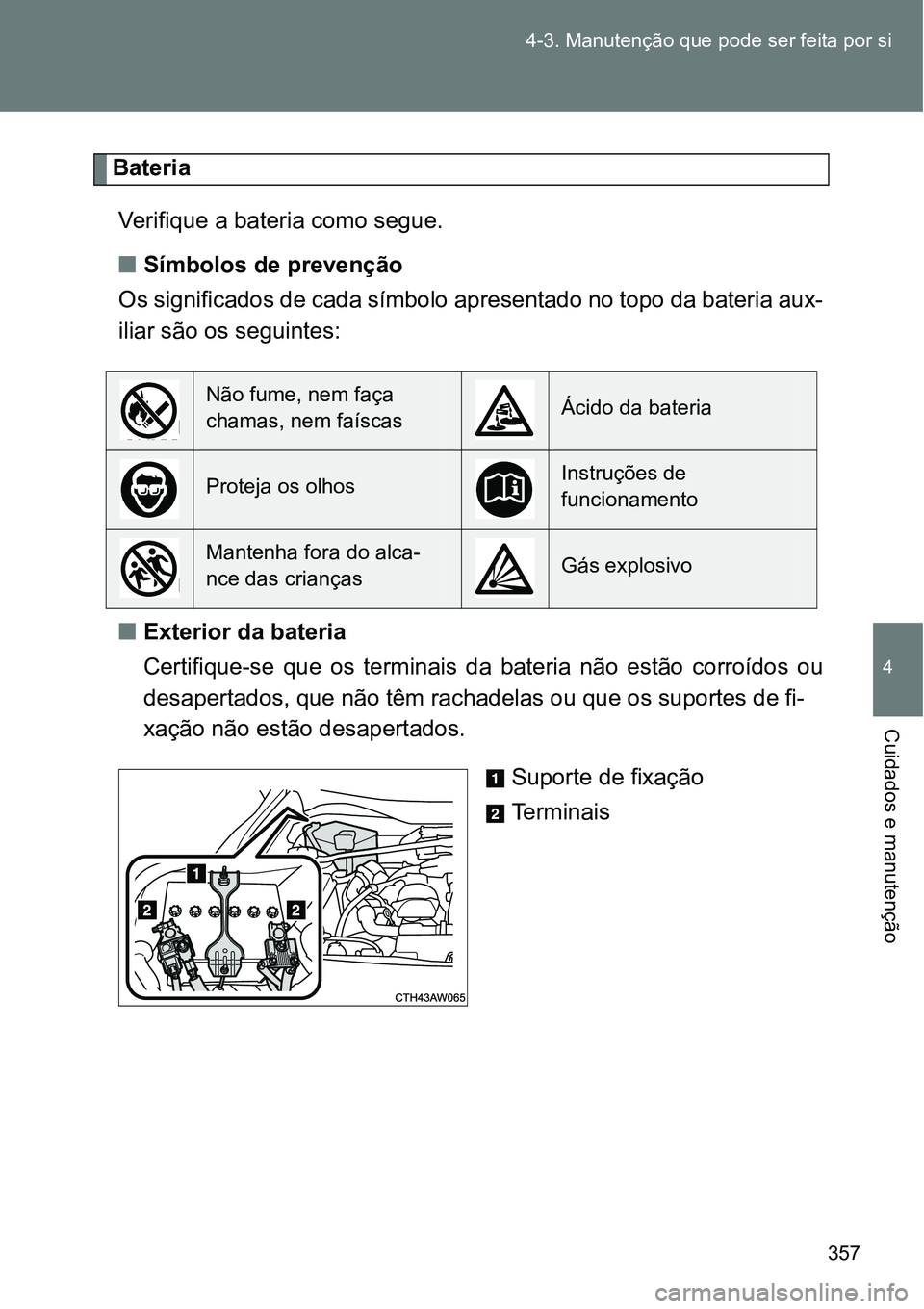 TOYOTA GT86 2018  Manual de utilização (in Portuguese) 357 4-3. Manutenção que pode ser feita por si
4
Cuidados e manutenção
Bateria
Verifique a bateria como segue.
nSímbolos de prevenção
Os significados de cada símbolo apresentado no topo da bate
