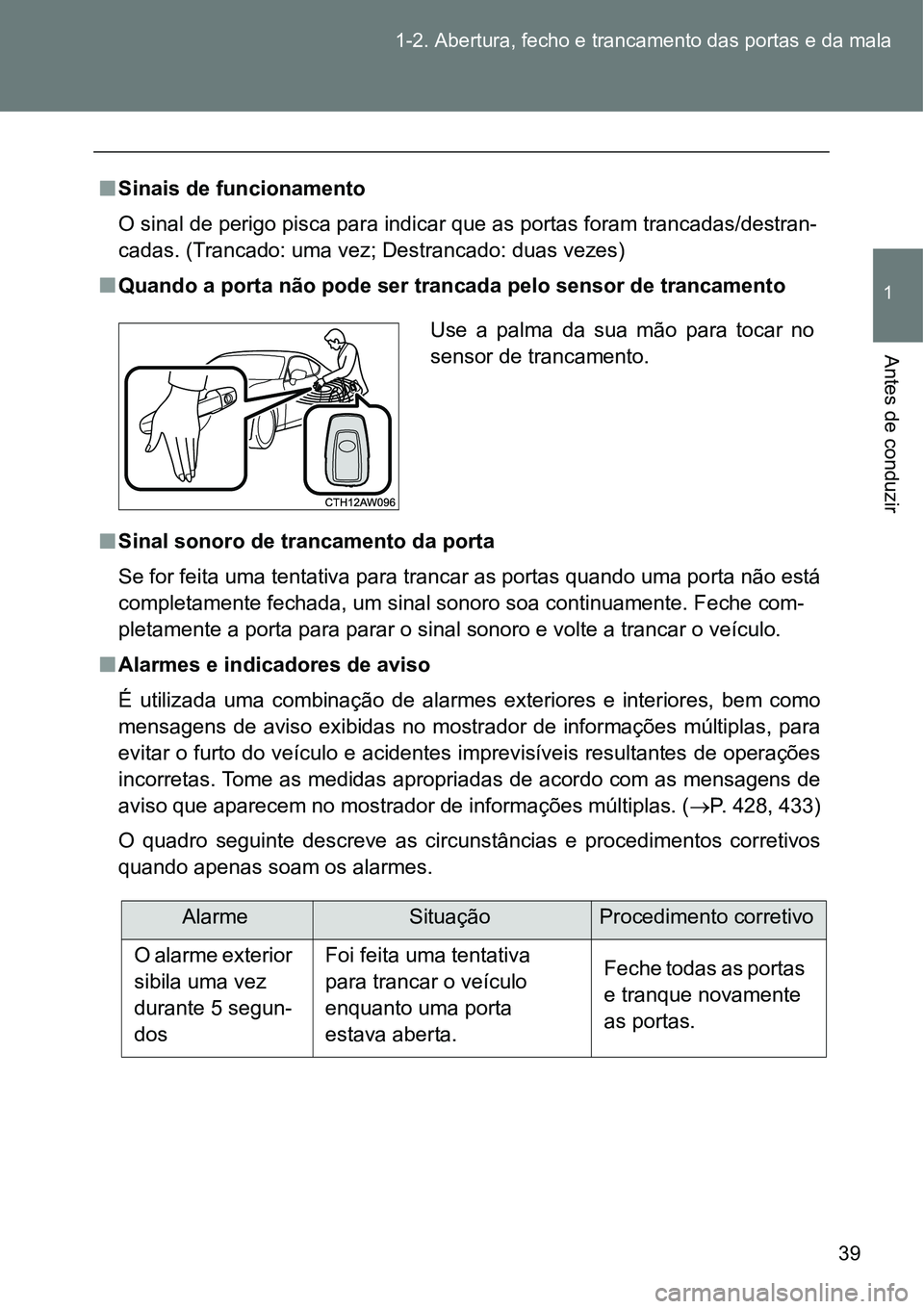 TOYOTA GT86 2018 Manual de utilização (in Portuguese) 39 1-2. Abertura, fecho e trancamento das portas e da mala
1
Antes de conduzir
nSinais de funcionamento
O sinal de perigo pisca para indicar que as portas foram trancadas/destran-
cadas. (Trancado: um TOYOTA GT86 2018 Manual de utilização (in Portuguese) 39 1-2. Abertura, fecho e trancamento das portas e da mala
1
Antes de conduzir
nSinais de funcionamento
O sinal de perigo pisca para indicar que as portas foram trancadas/destran-
cadas. (Trancado: um