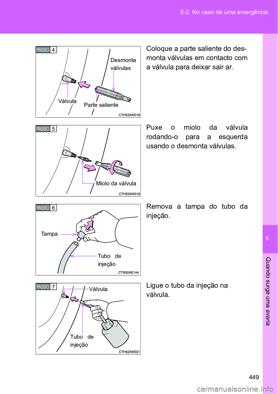 TOYOTA GT86 2018  Manual de utilização (in Portuguese) 5
449 5-2. No caso de uma emergência
Quando surge uma avaria
Coloque a parte saliente do des-
monta válvulas em contacto com
a válvula para deixar sair ar.
Puxe  o  miolo  da  válvula
rodando-o  p