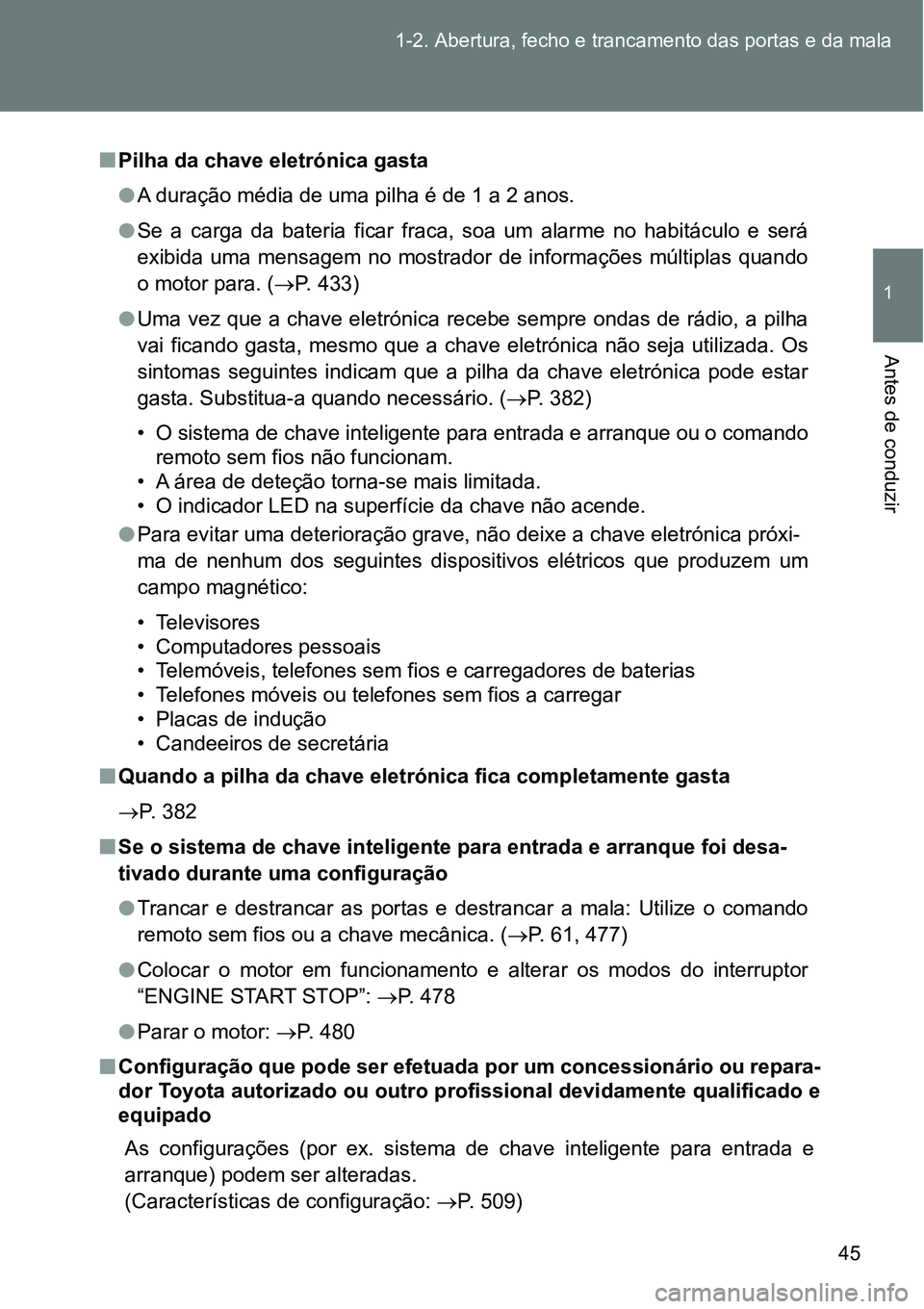 TOYOTA GT86 2018 Manual de utilização (in Portuguese) 45 1-2. Abertura, fecho e trancamento das portas e da mala
1
Antes de conduzir
nPilha da chave eletrónica gasta
lA duração média de uma pilha é de 1 a 2 anos.
lSe a carga da bateria ficar f TOYOTA GT86 2018 Manual de utilização (in Portuguese) 45 1-2. Abertura, fecho e trancamento das portas e da mala
1
Antes de conduzir
nPilha da chave eletrónica gasta
lA duração média de uma pilha é de 1 a 2 anos.
lSe a carga da bateria ficar f