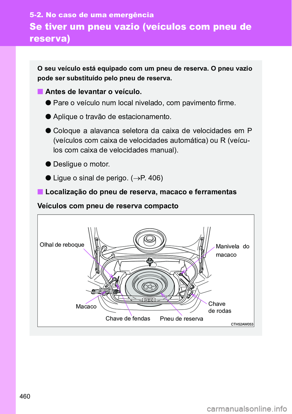 TOYOTA GT86 2018  Manual de utilização (in Portuguese) 460
5-2. No caso de uma emergência
Se tiver um pneu vazio (veículos com pneu de 
reser va)
O seu veículo está equipado com um pneu de reserva. O pneu vazio
pode ser substituído pelo pneu de reser