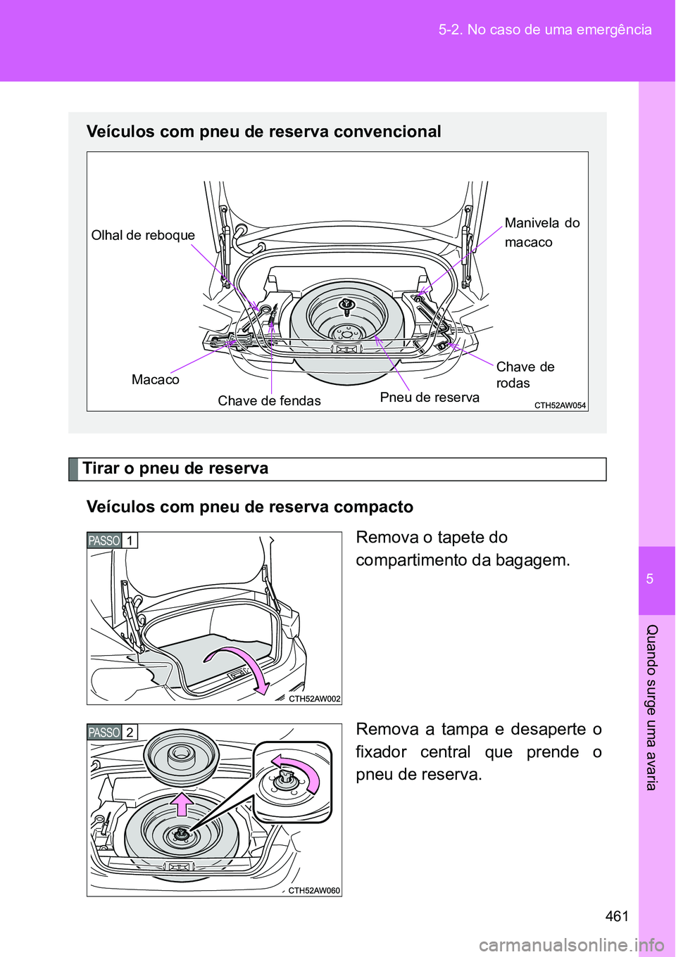 TOYOTA GT86 2018  Manual de utilização (in Portuguese) 5
461 5-2. No caso de uma emergência
Quando surge uma avaria
Tirar o pneu de reserva
Veículos com pneu de reserva compacto
Remova o tapete do 
compartimento da bagagem.
Remova  a  tampa  e  desapert