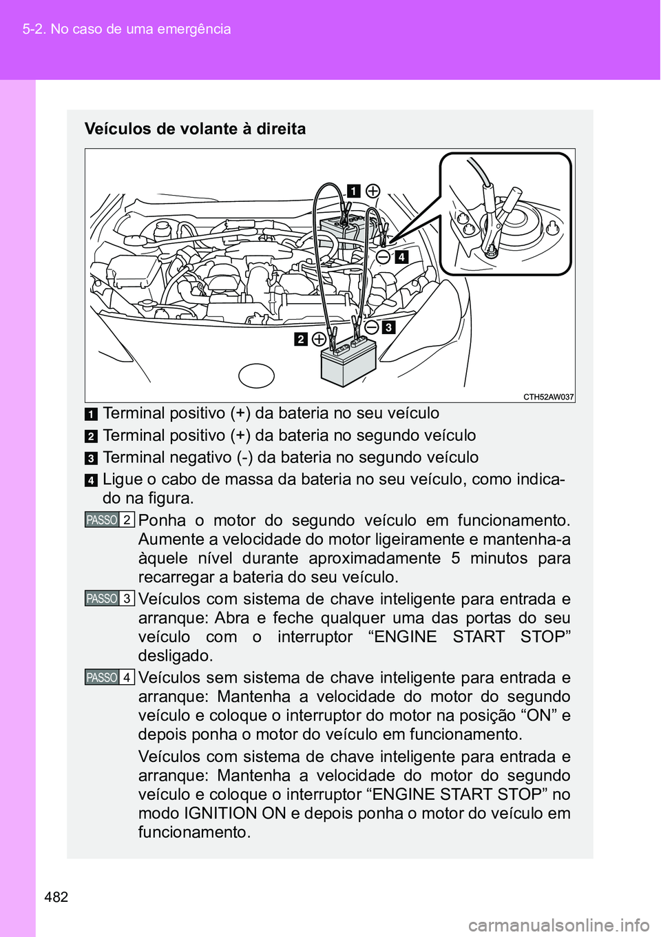 TOYOTA GT86 2018 Manual de utilização (in Portuguese) 482 5-2. No caso de uma emergência
Veículos de volante à direita
Terminal positivo (+) da bateria no seu veículo
Terminal positivo (+) da bateria no segundo veículo
Terminal negativo (-) da bater TOYOTA GT86 2018 Manual de utilização (in Portuguese) 482 5-2. No caso de uma emergência
Veículos de volante à direita
Terminal positivo (+) da bateria no seu veículo
Terminal positivo (+) da bateria no segundo veículo
Terminal negativo (-) da bater