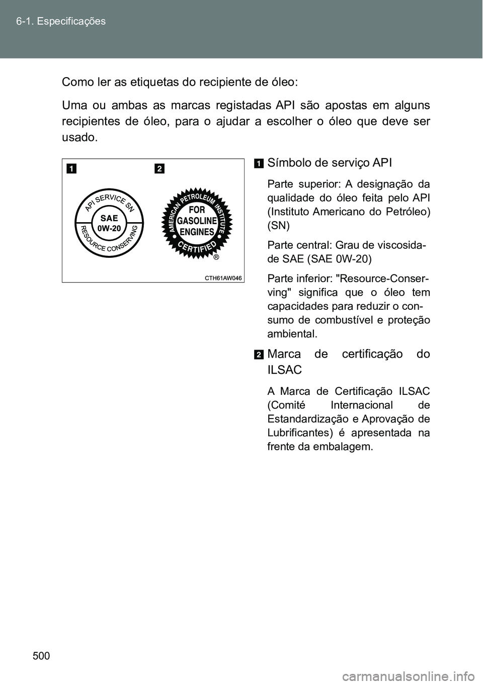 TOYOTA GT86 2018 Manual de utilização (in Portuguese) 500 6-1. Especificações
Como ler as etiquetas do recipiente de óleo:
Uma ou ambas as marcas registadas API são apostas em alguns
recipientes de óleo, para o ajudar a escolher o TOYOTA GT86 2018 Manual de utilização (in Portuguese) 500 6-1. Especificações
Como ler as etiquetas do recipiente de óleo:
Uma ou ambas as marcas registadas API são apostas em alguns
recipientes de óleo, para o ajudar a escolher o