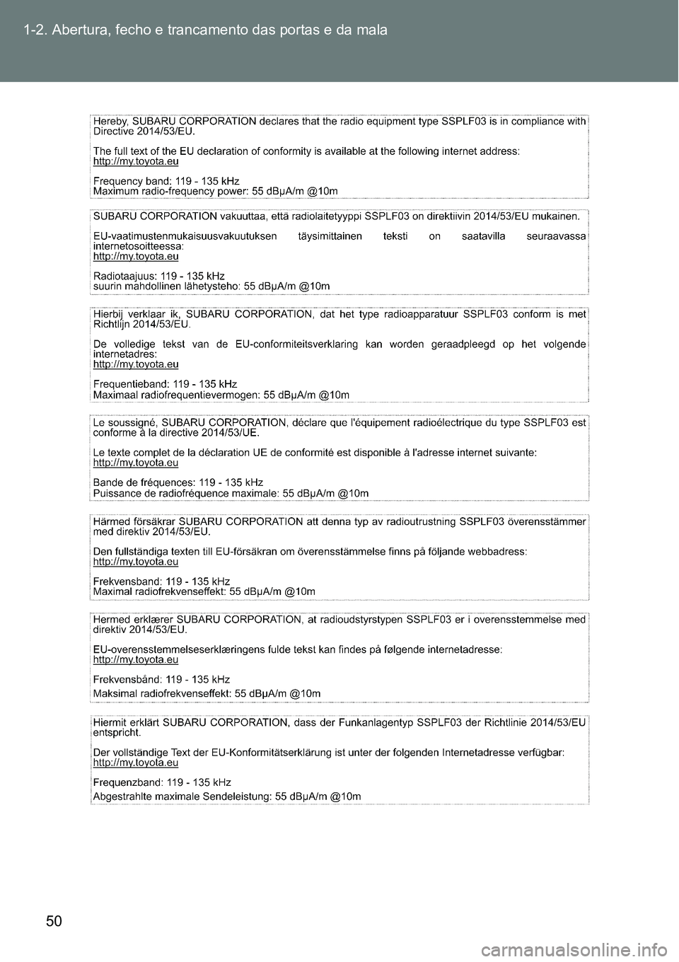 TOYOTA GT86 2018 Manual de utilização (in Portuguese) 50 1-2. Abertura, fecho e trancamento das portas e da mala TOYOTA GT86 2018 Manual de utilização (in Portuguese) 50 1-2. Abertura, fecho e trancamento das portas e da mala