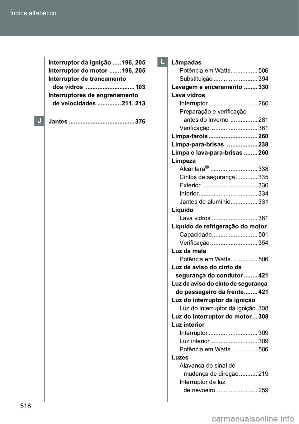 TOYOTA GT86 2018 Manual de utilização (in Portuguese) 518 Índice alfabético
Interruptor da ignição ..... 196, 205
Interruptor do motor ....... 196, 205
Interruptor de trancamento
dos vidros ............................. 103
Interruptores de engren TOYOTA GT86 2018 Manual de utilização (in Portuguese) 518 Índice alfabético
Interruptor da ignição ..... 196, 205
Interruptor do motor ....... 196, 205
Interruptor de trancamento
dos vidros ............................. 103
Interruptores de engren