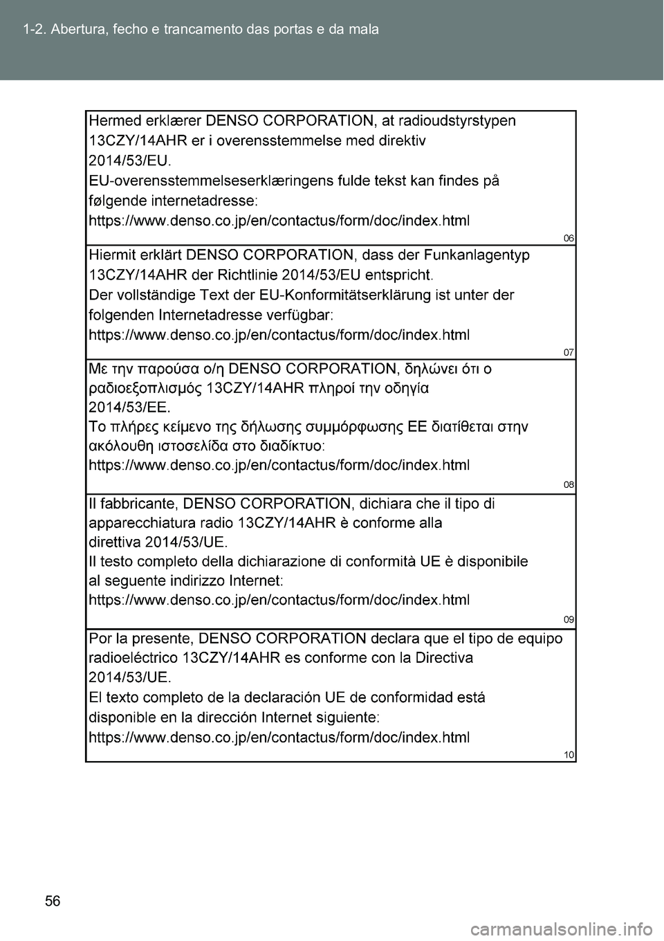TOYOTA GT86 2018 Manual de utilização (in Portuguese) 56 1-2. Abertura, fecho e trancamento das portas e da mala TOYOTA GT86 2018 Manual de utilização (in Portuguese) 56 1-2. Abertura, fecho e trancamento das portas e da mala