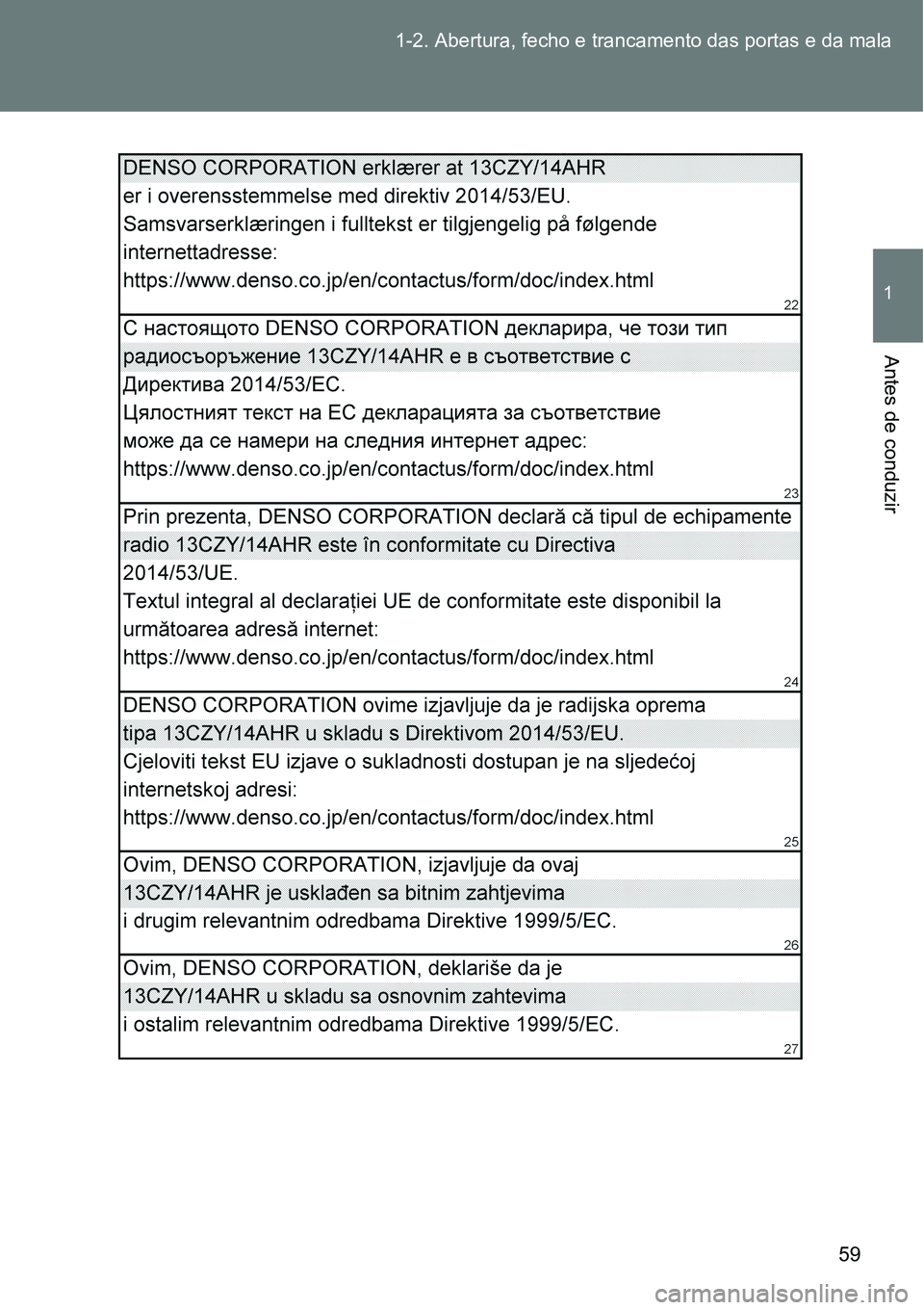 TOYOTA GT86 2018  Manual de utilização (in Portuguese) 59 1-2. Abertura, fecho e trancamento das portas e da mala
1
Antes de conduzir 