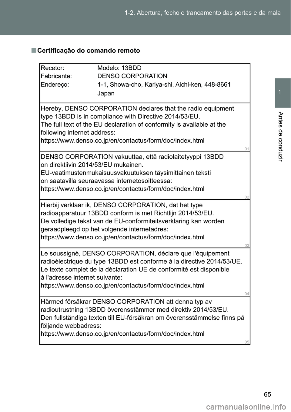 TOYOTA GT86 2018  Manual de utilização (in Portuguese) 65 1-2. Abertura, fecho e trancamento das portas e da mala
1
Antes de conduzir
nCertificação do comando remoto
Recetor:       Modelo: 13BDD
Fabricante:      DENSO CORPORATION
Endereço:       1-1, S
