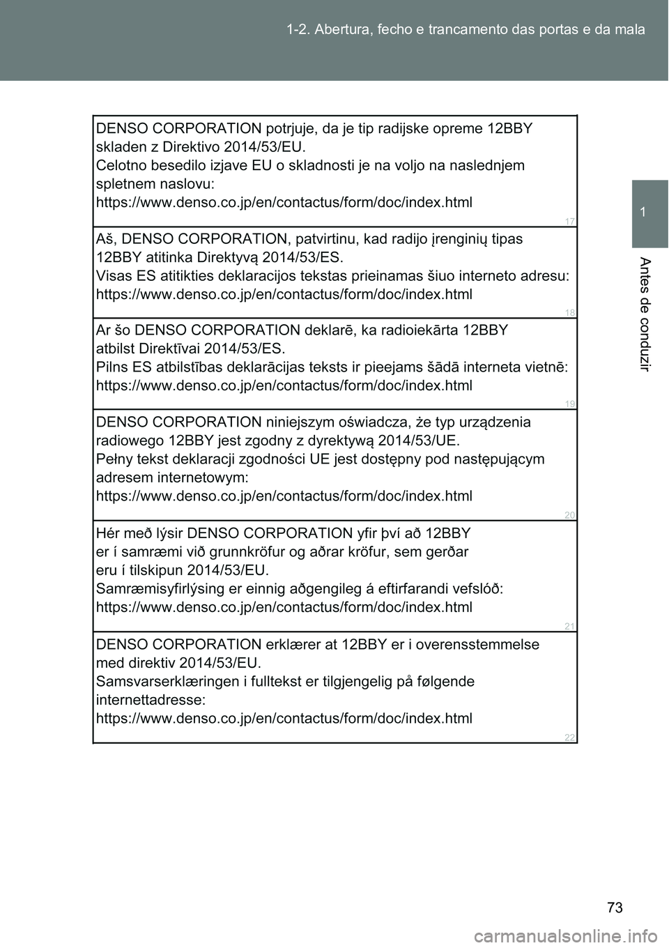 TOYOTA GT86 2018  Manual de utilização (in Portuguese) 73 1-2. Abertura, fecho e trancamento das portas e da mala
1
Antes de conduzir 