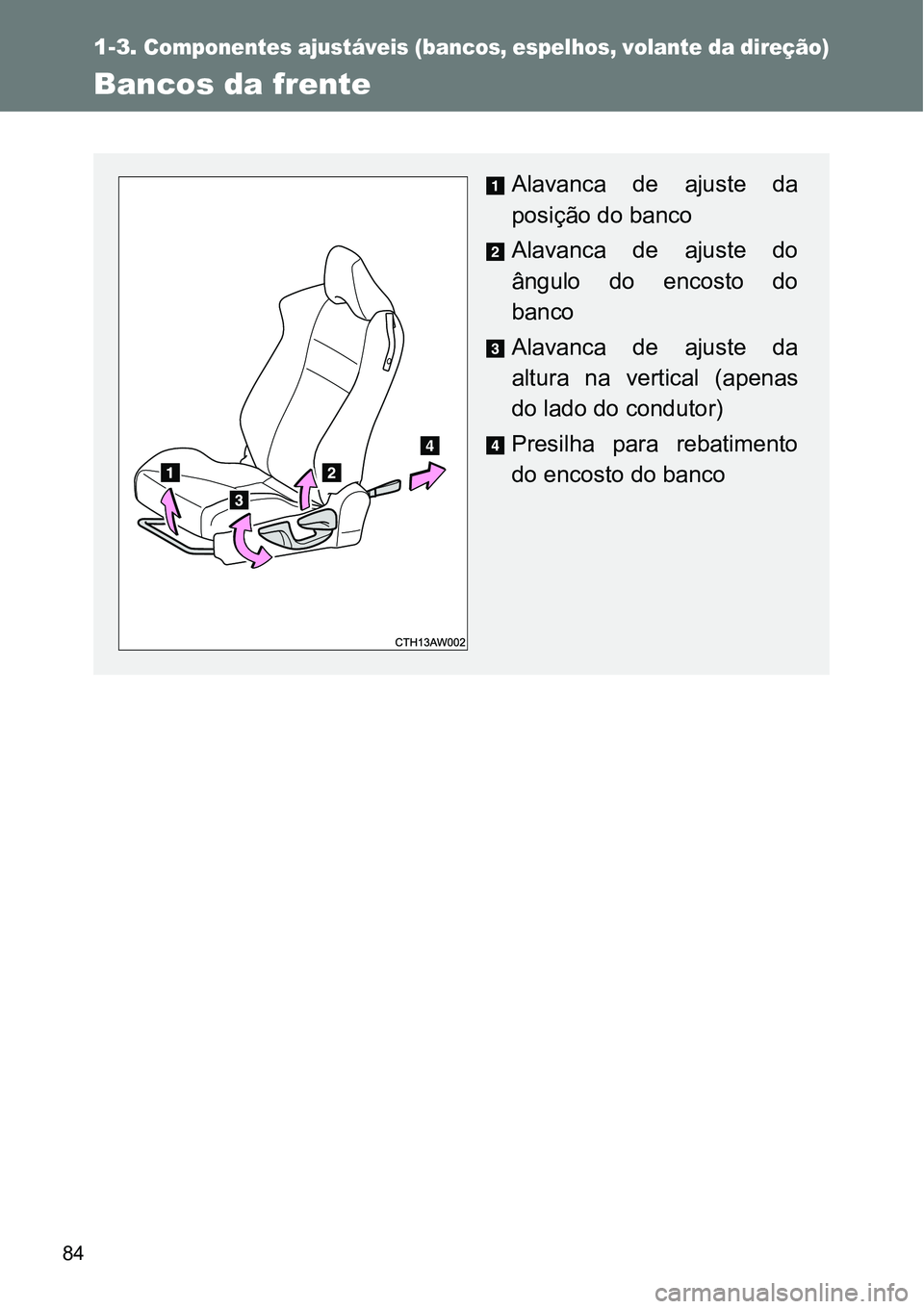 TOYOTA GT86 2018 Manual de utilização (in Portuguese) 84
1-3.Componentes ajustáveis (bancos, espelhos, volante da direção)
Bancos da frente
Alavanca de ajuste da
posição do banco
Alavanca de ajuste do
ângulo do encosto do
banco
Alavanca d TOYOTA GT86 2018 Manual de utilização (in Portuguese) 84
1-3.Componentes ajustáveis (bancos, espelhos, volante da direção)
Bancos da frente
Alavanca de ajuste da
posição do banco
Alavanca de ajuste do
ângulo do encosto do
banco
Alavanca d