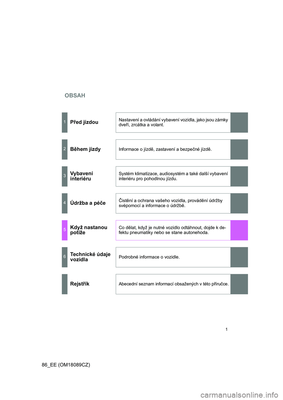 TOYOTA GT86 2018  Návod na použití (in Czech) OBSAH
86_EE (OM18089CZ)
1
1Před jízdouNastavení a ovládání vybavení vozidla, jako jsou zámky 
dveří, zrcátka a volant.
2Během jízdyInformace o jízdě, zastavení a bezpečné jízdě.
3V