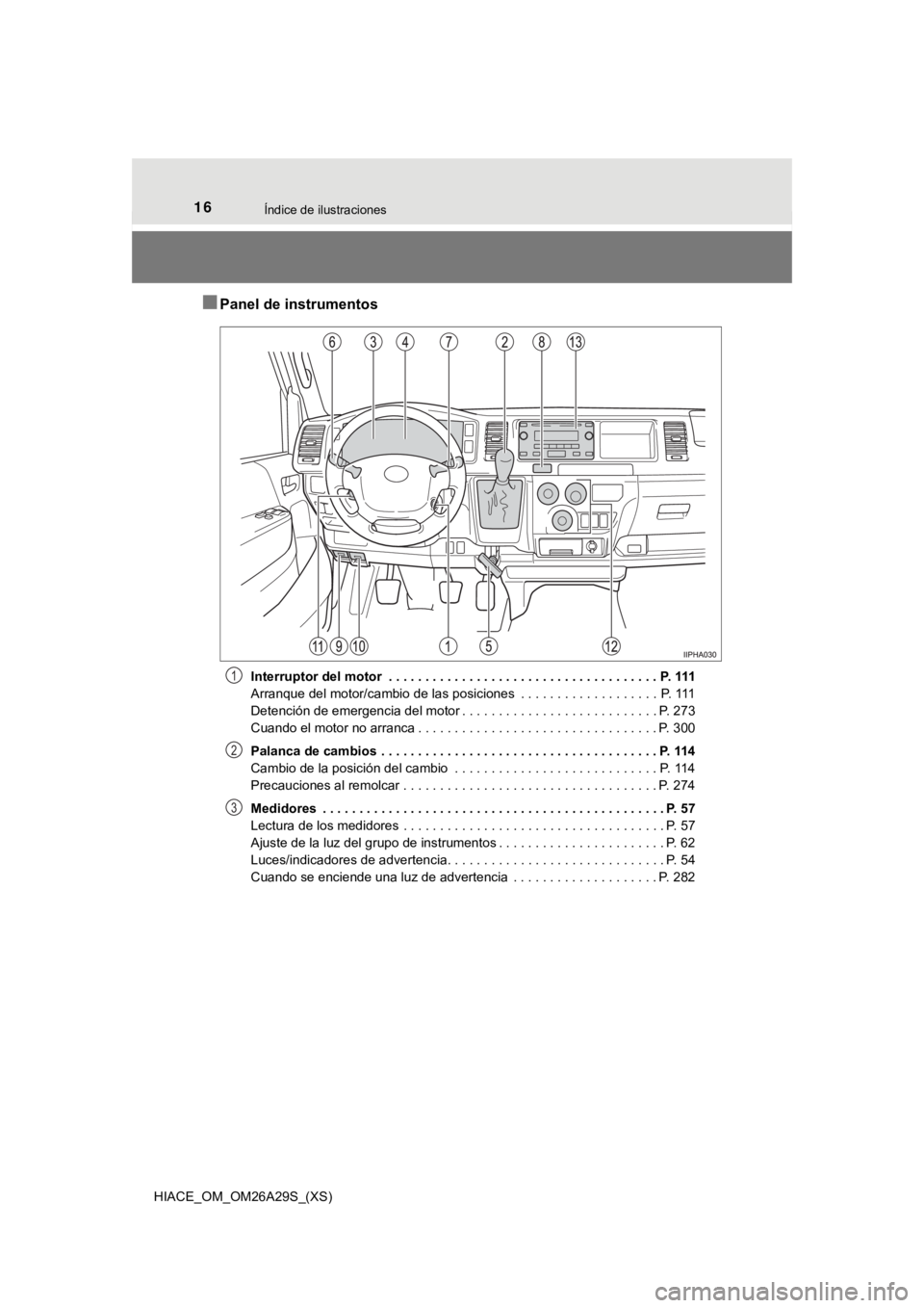TOYOTA HILACE 2019 Manual del propietario (in Spanish) 16Índice de ilustraciones
HIACE_OM_OM26A29S_(XS)
■Panel de instrumentos
Interruptor del motor . . . . . . . . . . . . . . . . . . . . . . . . . . . . . . . . . . . . . P. 111
Arranque del motor/ca TOYOTA HILACE 2019 Manual del propietario (in Spanish) 16Índice de ilustraciones
HIACE_OM_OM26A29S_(XS)
■Panel de instrumentos
Interruptor del motor . . . . . . . . . . . . . . . . . . . . . . . . . . . . . . . . . . . . . P. 111
Arranque del motor/ca