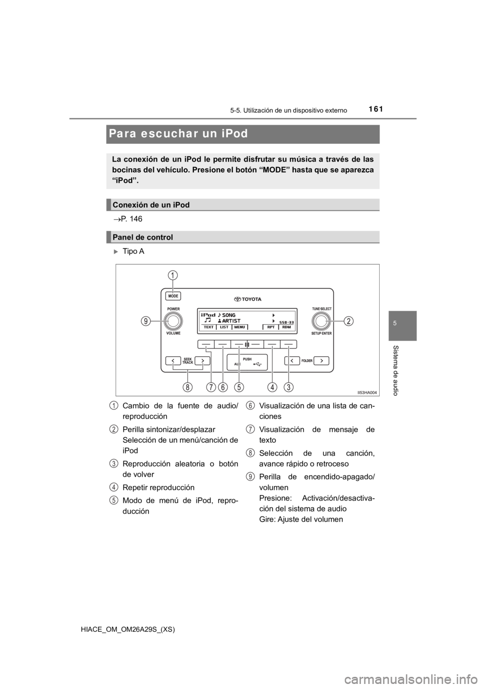 TOYOTA HILACE 2019 Manual del propietario (in Spanish) 161
HIACE_OM_OM26A29S_(XS)
5-5. Utilización de un dispositivo externo
5
Sistema de audio
Para escuchar un iPod
P. 146
Tipo A
La conexión de un iPod le permite disfrutar su música a TOYOTA HILACE 2019 Manual del propietario (in Spanish) 161
HIACE_OM_OM26A29S_(XS)
5-5. Utilización de un dispositivo externo
5
Sistema de audio
Para escuchar un iPod
P. 146
Tipo A
La conexión de un iPod le permite disfrutar su música a
