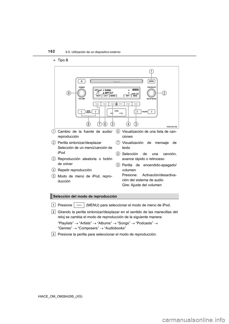 TOYOTA HILACE 2019 Manual del propietario (in Spanish) 162
HIACE_OM_OM26A29S_(XS)
5-5. Utilización de un dispositivo externo
Tipo B
Presione (MENU) para seleccionar el modo de menú de iPod.
Girando la perilla sintonizar/desplazar en el sentid TOYOTA HILACE 2019 Manual del propietario (in Spanish) 162
HIACE_OM_OM26A29S_(XS)
5-5. Utilización de un dispositivo externo
Tipo B
Presione (MENU) para seleccionar el modo de menú de iPod.
Girando la perilla sintonizar/desplazar en el sentid