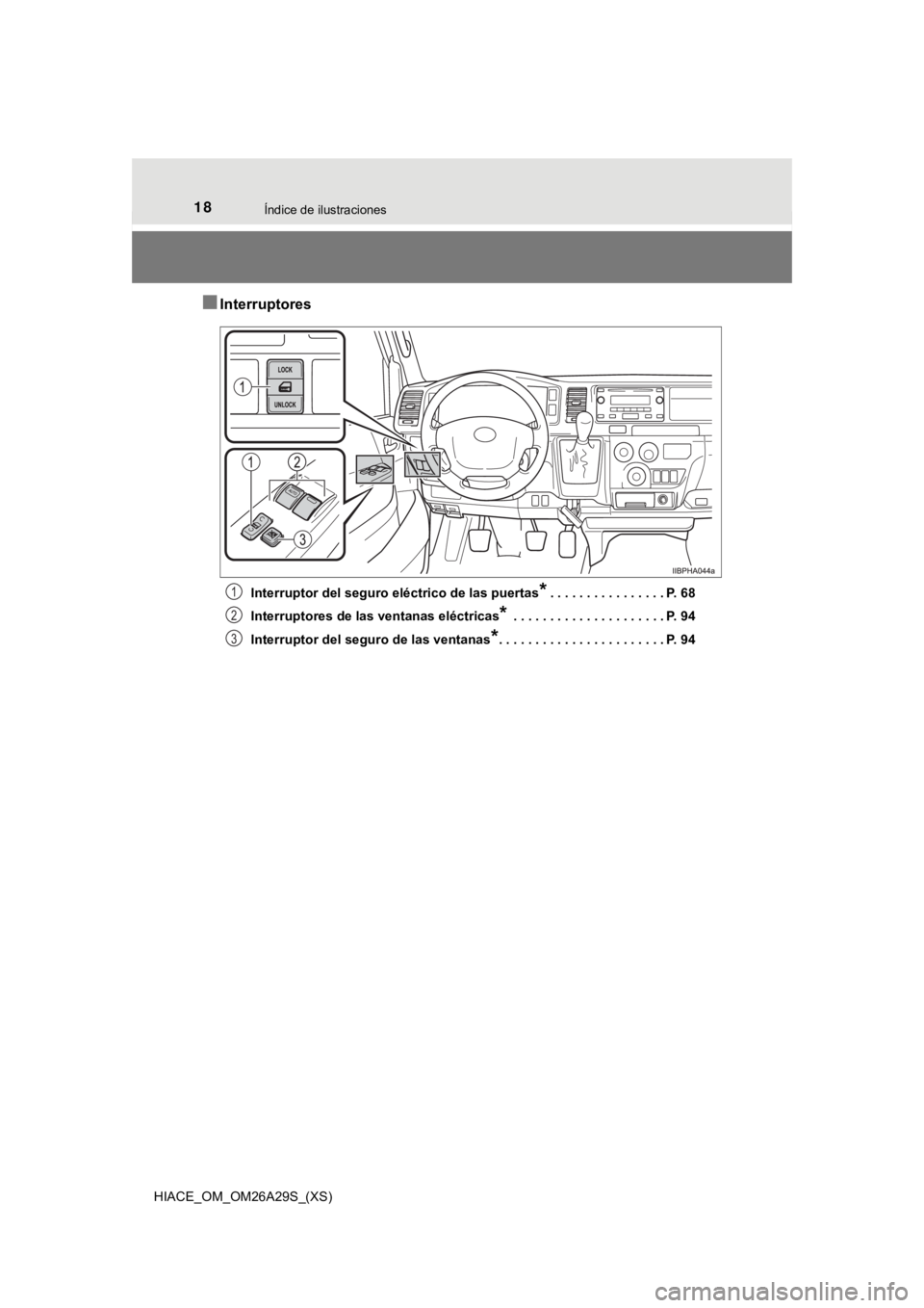 TOYOTA HILACE 2019 Manual del propietario (in Spanish) 18Índice de ilustraciones
HIACE_OM_OM26A29S_(XS)
■Interruptores
Interruptor del seguro eléctrico de las puertas*. . . . . . . . . . . . . . . . P. 68
Interruptores de las ventanas eléctricas
* . TOYOTA HILACE 2019 Manual del propietario (in Spanish) 18Índice de ilustraciones
HIACE_OM_OM26A29S_(XS)
■Interruptores
Interruptor del seguro eléctrico de las puertas*. . . . . . . . . . . . . . . . P. 68
Interruptores de las ventanas eléctricas
* .