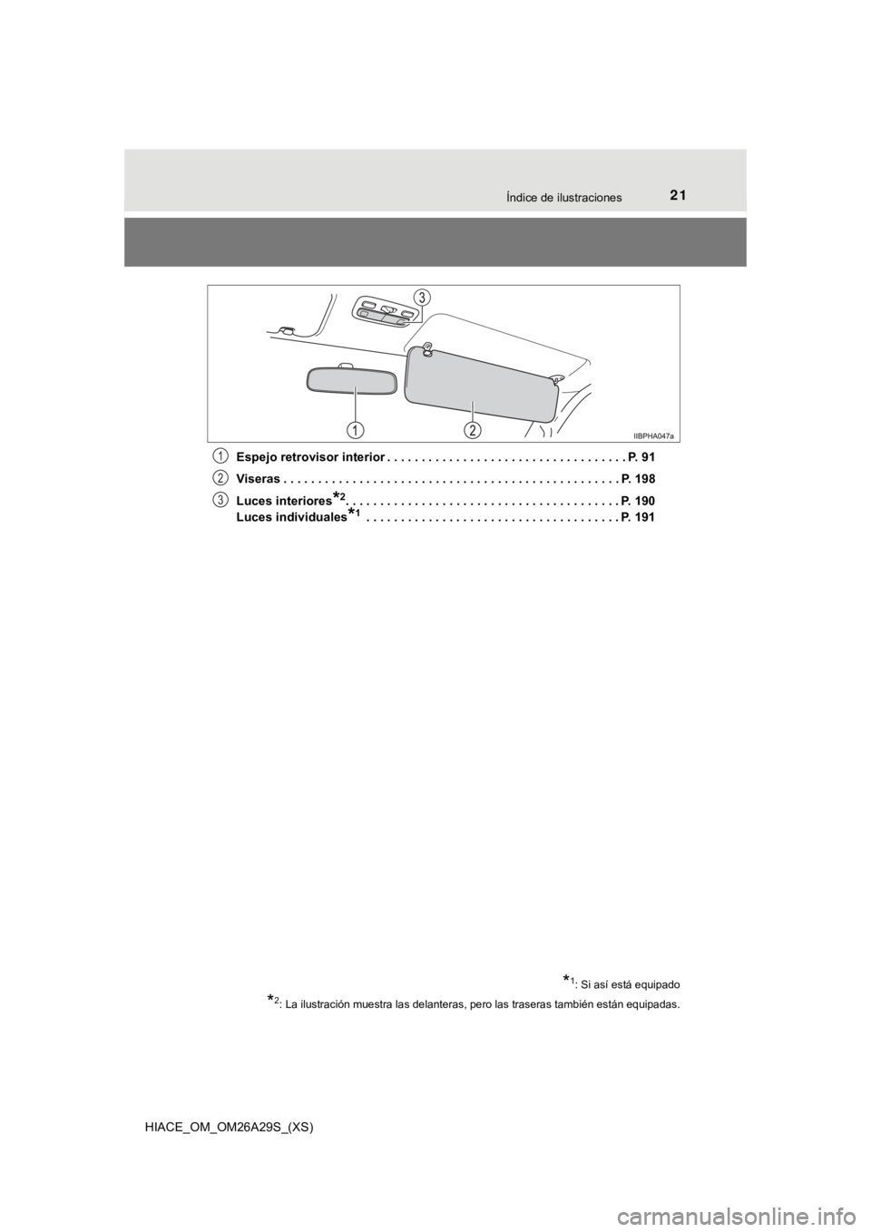 TOYOTA HILACE 2019 Manual del propietario (in Spanish) 21Índice de ilustraciones
HIACE_OM_OM26A29S_(XS)Espejo retrovisor interior . . . . . . . . . . . . . . . . . . .
. . . . . . . . . . . . . . . . P. 91
Viseras . . . . . . . . . . . . . . . . . . . . TOYOTA HILACE 2019 Manual del propietario (in Spanish) 21Índice de ilustraciones
HIACE_OM_OM26A29S_(XS)Espejo retrovisor interior . . . . . . . . . . . . . . . . . . .
. . . . . . . . . . . . . . . . P. 91
Viseras . . . . . . . . . . . . . . . . . . . .