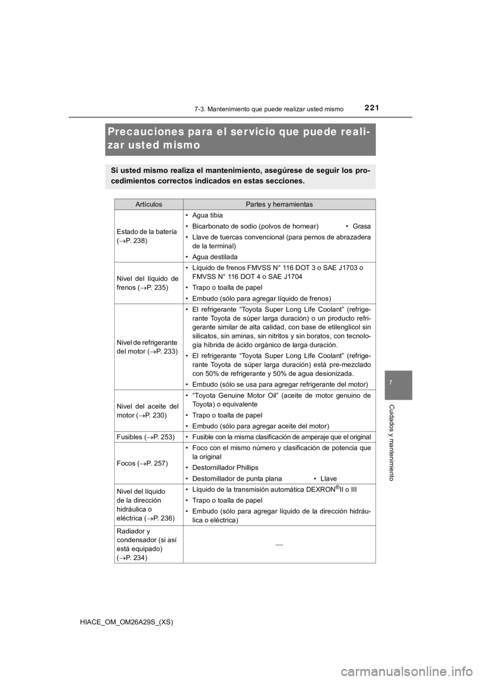 TOYOTA HILACE 2019 Manual del propietario (in Spanish) 221
HIACE_OM_OM26A29S_(XS)
7
Cuidados y mantenimiento
7-3. Mantenimiento que puede realizar usted mismo
Precauciones para el ser vicio que puede reali-
zar usted mismo
Si usted mismo realiza el manten TOYOTA HILACE 2019 Manual del propietario (in Spanish) 221
HIACE_OM_OM26A29S_(XS)
7
Cuidados y mantenimiento
7-3. Mantenimiento que puede realizar usted mismo
Precauciones para el ser vicio que puede reali-
zar usted mismo
Si usted mismo realiza el manten