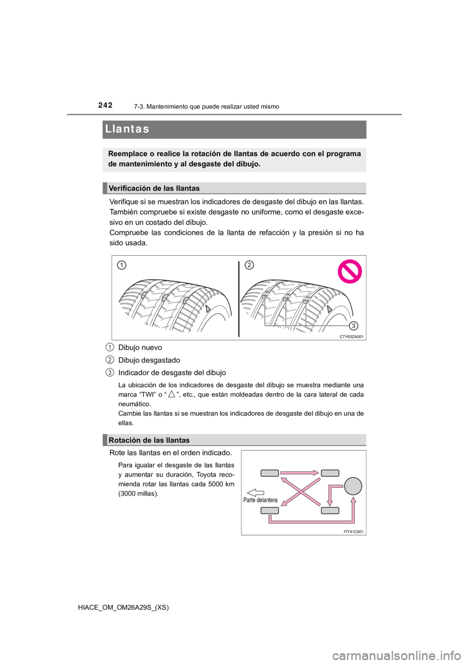 TOYOTA HILACE 2019 Manual del propietario (in Spanish) 242
HIACE_OM_OM26A29S_(XS)
7-3. Mantenimiento que puede realizar usted mismo
Llantas
Verifique si se muestran los indicadores de desgaste del dibujo en las llantas.
También compruebe si existe desgas TOYOTA HILACE 2019 Manual del propietario (in Spanish) 242
HIACE_OM_OM26A29S_(XS)
7-3. Mantenimiento que puede realizar usted mismo
Llantas
Verifique si se muestran los indicadores de desgaste del dibujo en las llantas.
También compruebe si existe desgas