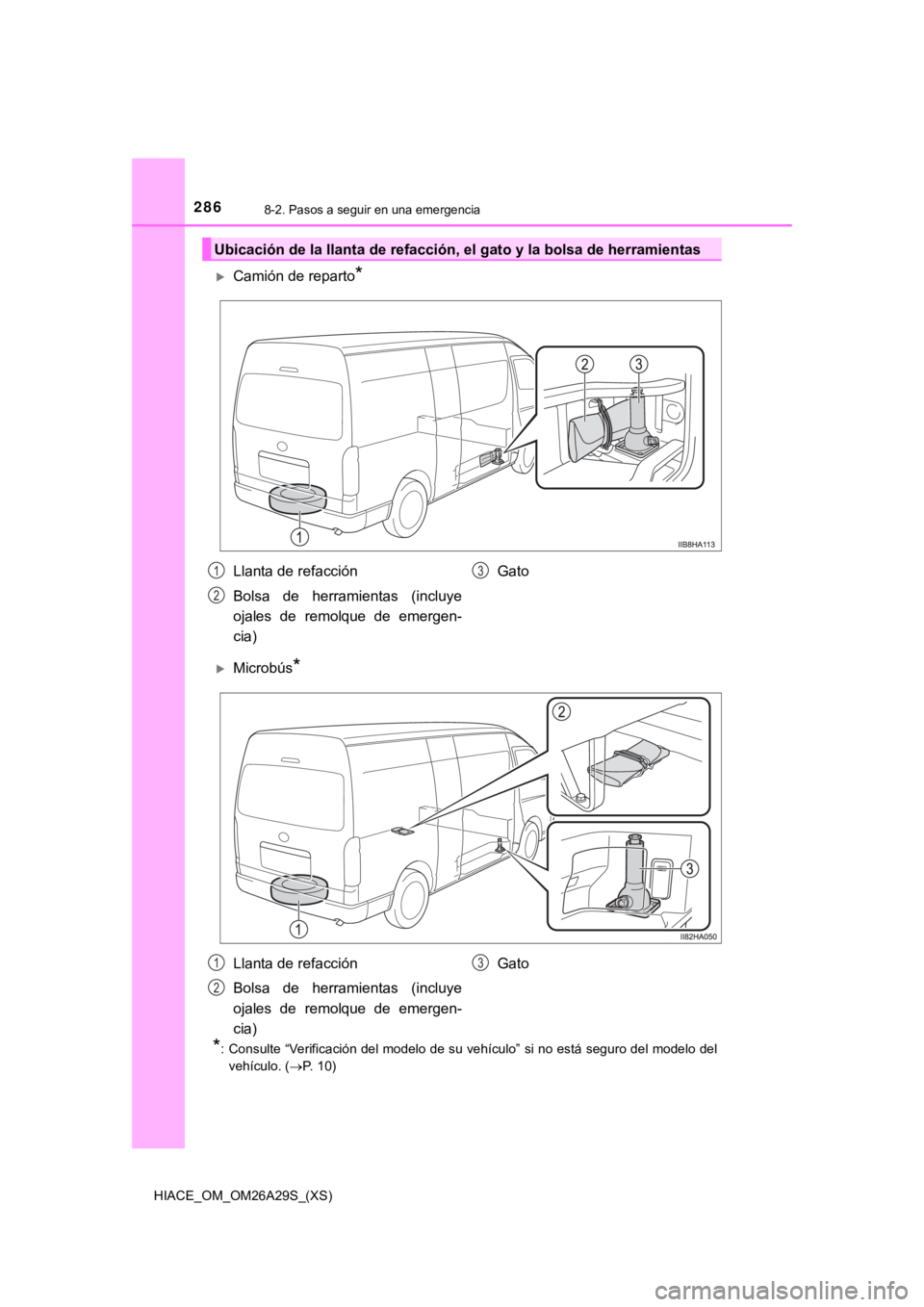 TOYOTA HILACE 2019 Manual del propietario (in Spanish) 286
HIACE_OM_OM26A29S_(XS)
8-2. Pasos a seguir en una emergencia
Camión de reparto*
Microbús*
*
: Consulte “Verificación del modelo de su vehículo” si no está s eguro del modelo del
veh TOYOTA HILACE 2019 Manual del propietario (in Spanish) 286
HIACE_OM_OM26A29S_(XS)
8-2. Pasos a seguir en una emergencia
Camión de reparto*
Microbús*
*
: Consulte “Verificación del modelo de su vehículo” si no está s eguro del modelo del
veh