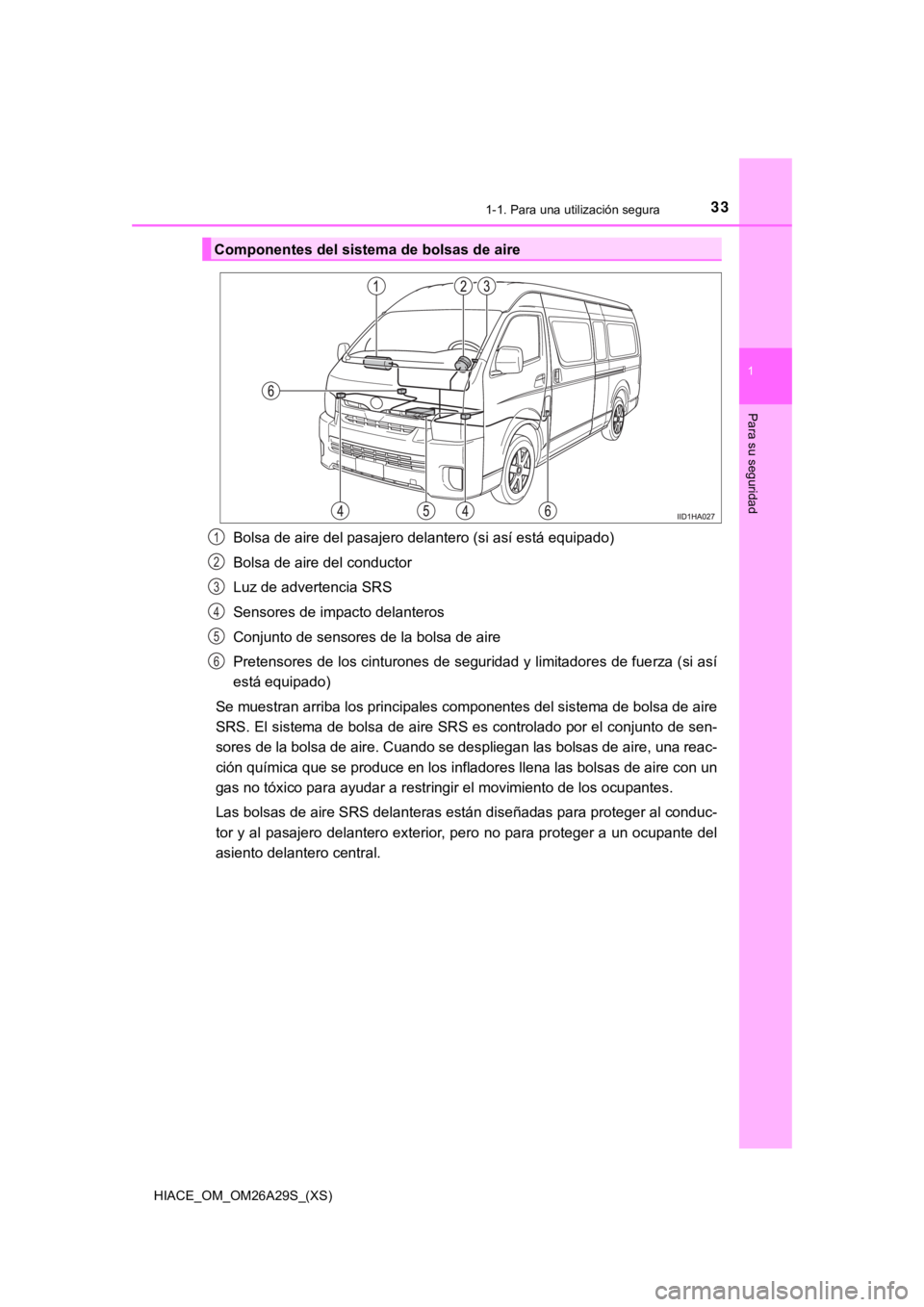 TOYOTA HILACE 2019 Manual del propietario (in Spanish) 331-1. Para una utilización segura
HIACE_OM_OM26A29S_(XS)
1
Para su seguridad
Bolsa de aire del pasajero delantero (si así está equipado)
Bolsa de aire del conductor
Luz de advertencia SRS
Sensores TOYOTA HILACE 2019 Manual del propietario (in Spanish) 331-1. Para una utilización segura
HIACE_OM_OM26A29S_(XS)
1
Para su seguridad
Bolsa de aire del pasajero delantero (si así está equipado)
Bolsa de aire del conductor
Luz de advertencia SRS
Sensores