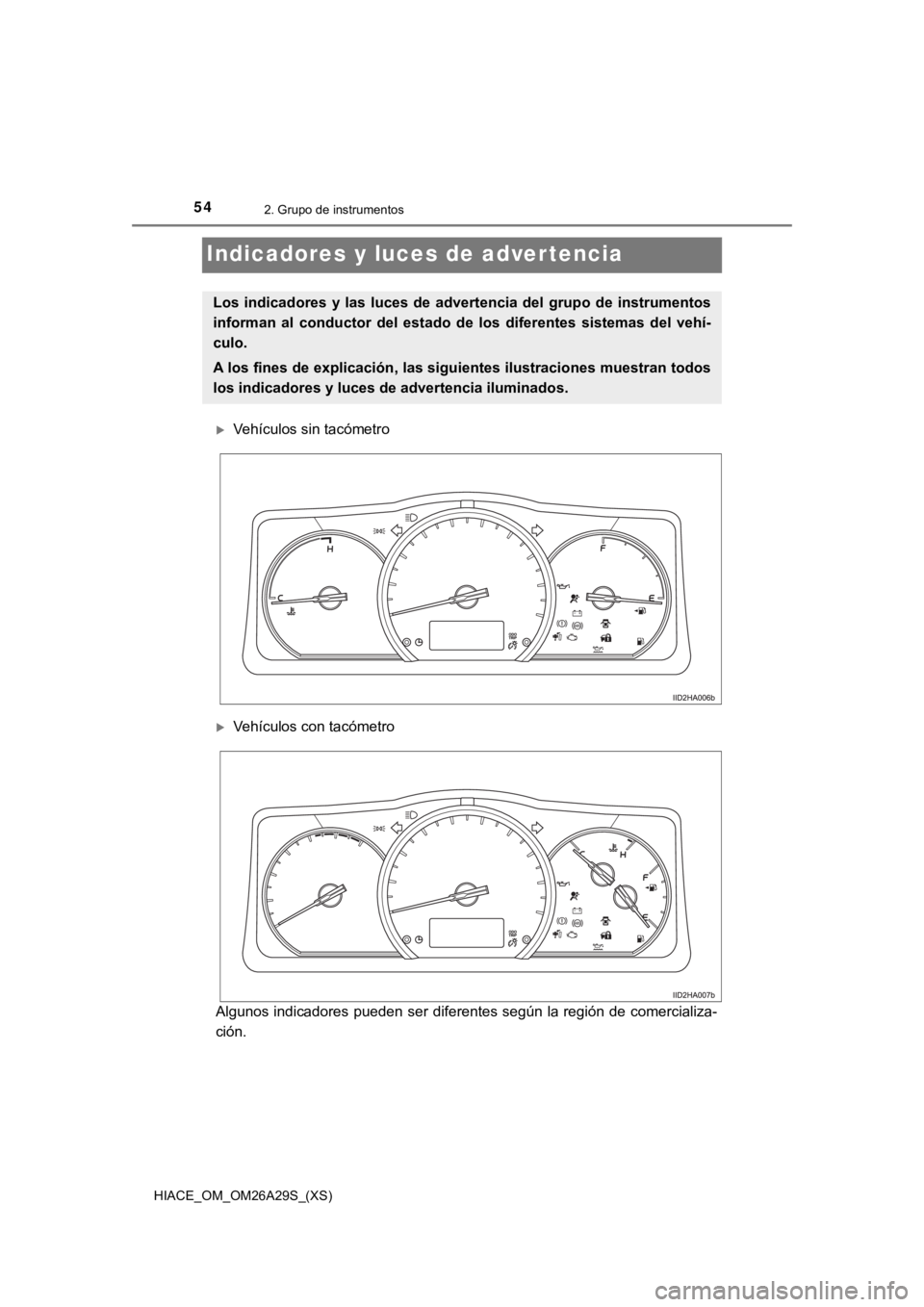 TOYOTA HILACE 2019  Manual del propietario (in Spanish) 54
HIACE_OM_OM26A29S_(XS)
2. Grupo de instrumentos
Indicadores y luces de advertencia
Vehículos sin tacómetro
Vehículos con tacómetro
Algunos indicadores pueden ser  diferentes  según  la r