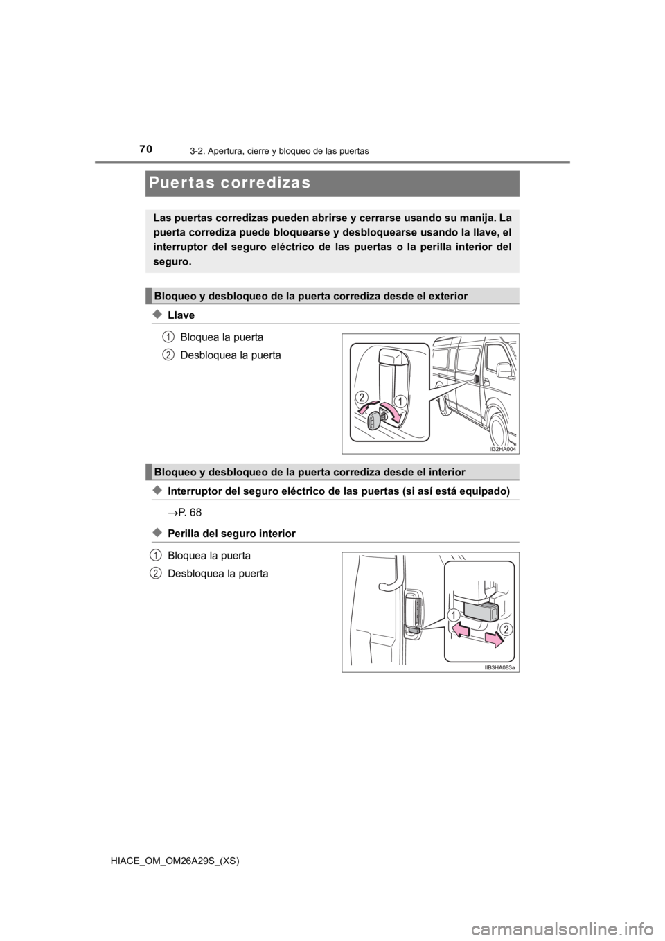 TOYOTA HILACE 2019 Manual del propietario (in Spanish) 70
HIACE_OM_OM26A29S_(XS)
3-2. Apertura, cierre y bloqueo de las puertas
Puertas corredizas
◆LlaveBloquea la puerta
Desbloquea la puerta
◆Interruptor del seguro eléctrico de las puertas (si así TOYOTA HILACE 2019 Manual del propietario (in Spanish) 70
HIACE_OM_OM26A29S_(XS)
3-2. Apertura, cierre y bloqueo de las puertas
Puertas corredizas
◆LlaveBloquea la puerta
Desbloquea la puerta
◆Interruptor del seguro eléctrico de las puertas (si así