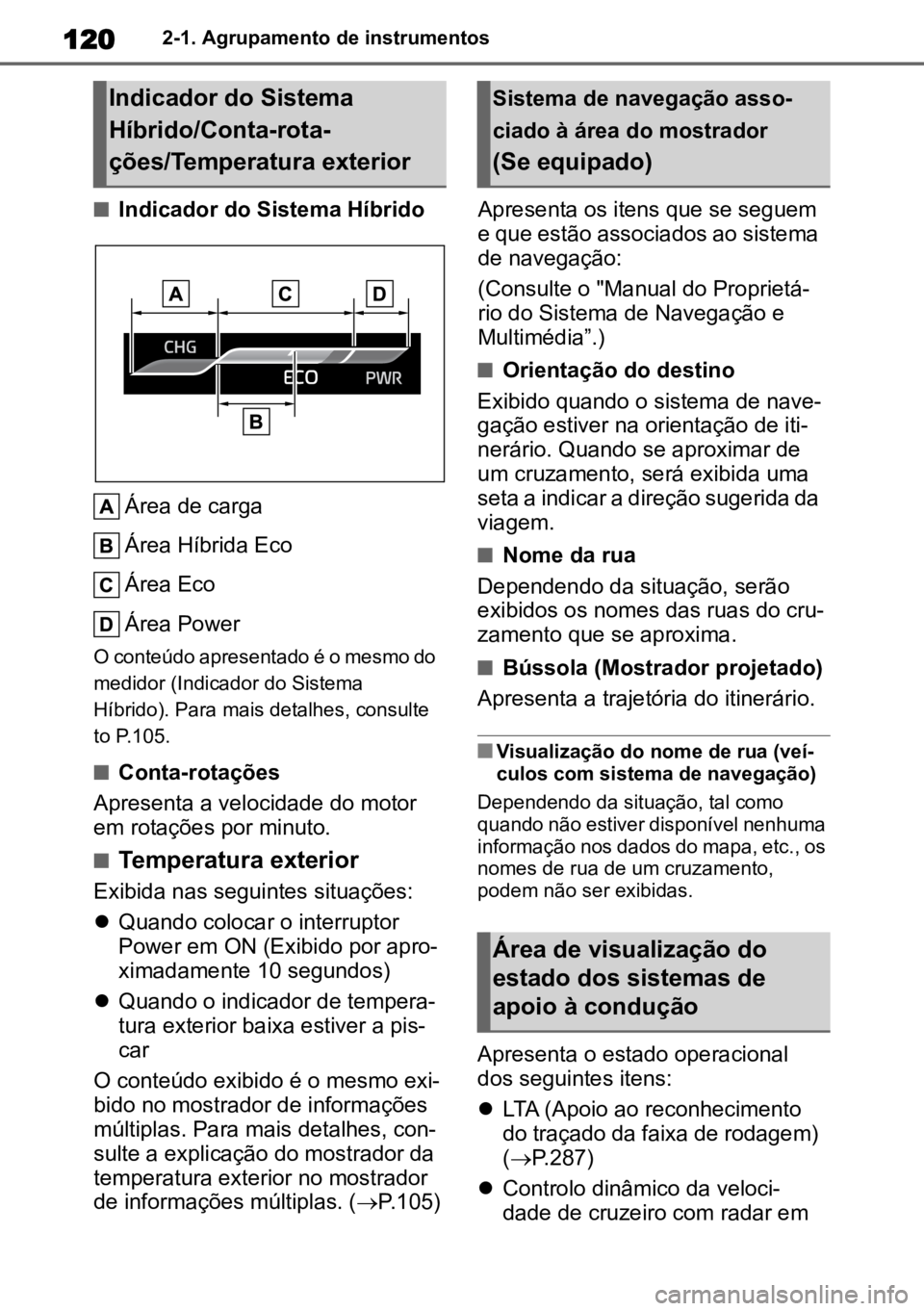 TOYOTA HIGHLANDER 2022 Manual de utilização (in Portuguese) 1202-1. Agrupamento de instrumentos
nIndicador do Sistema HíbridoÁrea de carga
Área Híbrida Eco
Área Eco
Área Power
O conteúdo apresentado é o mesmo do
medidor (Indicador do Sistema
Híbrido TOYOTA HIGHLANDER 2022 Manual de utilização (in Portuguese) 1202-1. Agrupamento de instrumentos
nIndicador do Sistema HíbridoÁrea de carga
Área Híbrida Eco
Área Eco
Área Power
O conteúdo apresentado é o mesmo do
medidor (Indicador do Sistema
Híbrido