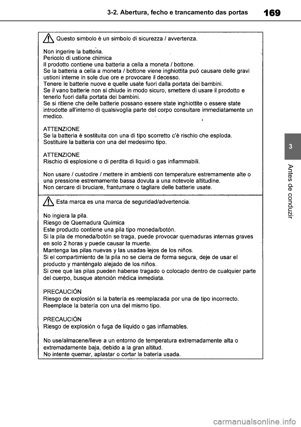TOYOTA HIGHLANDER 2022 Manual de utilização (in Portuguese) 169
3
3-2. Abertura, fecho e trancamento das portas
Antes de conduzir TOYOTA HIGHLANDER 2022 Manual de utilização (in Portuguese) 169
3
3-2. Abertura, fecho e trancamento das portas
Antes de conduzir