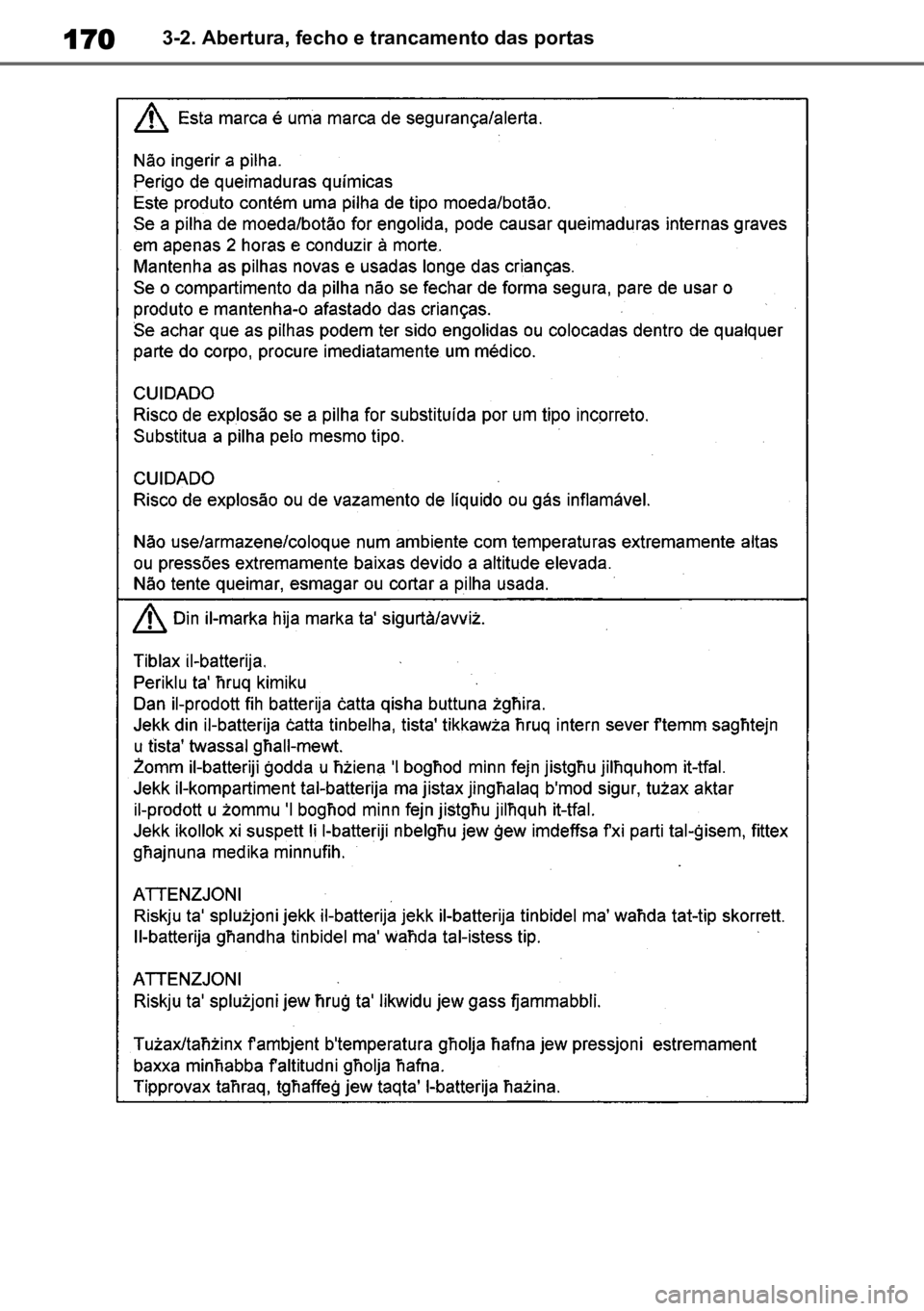 TOYOTA HIGHLANDER 2022 Manual de utilização (in Portuguese) 1703-2. Abertura, fecho e trancamento das portas TOYOTA HIGHLANDER 2022 Manual de utilização (in Portuguese) 1703-2. Abertura, fecho e trancamento das portas