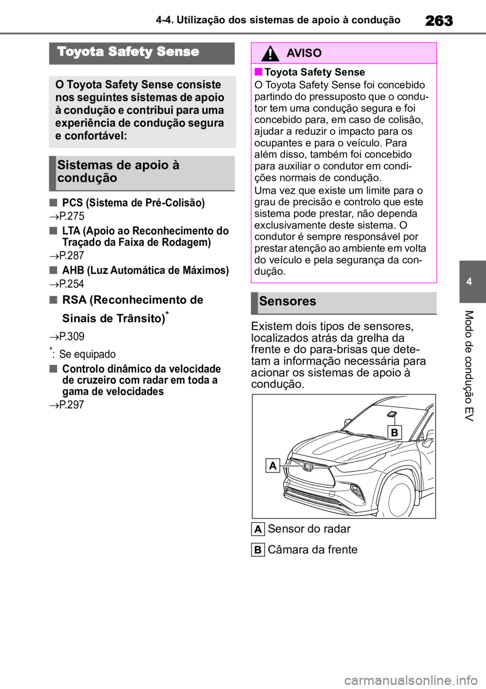 TOYOTA HIGHLANDER 2022 Manual de utilização (in Portuguese) 263
4
4-4. Utilização dos sistemas de apoio à condução
Modo de condução EV
4-4.Utilização dos sistemas de apoio à condução
n
PCS (Sistema de Pré-Colisão)
P.275
n
LTA (Apoio ao Recon TOYOTA HIGHLANDER 2022 Manual de utilização (in Portuguese) 263
4
4-4. Utilização dos sistemas de apoio à condução
Modo de condução EV
4-4.Utilização dos sistemas de apoio à condução
n
PCS (Sistema de Pré-Colisão)
P.275
n
LTA (Apoio ao Recon