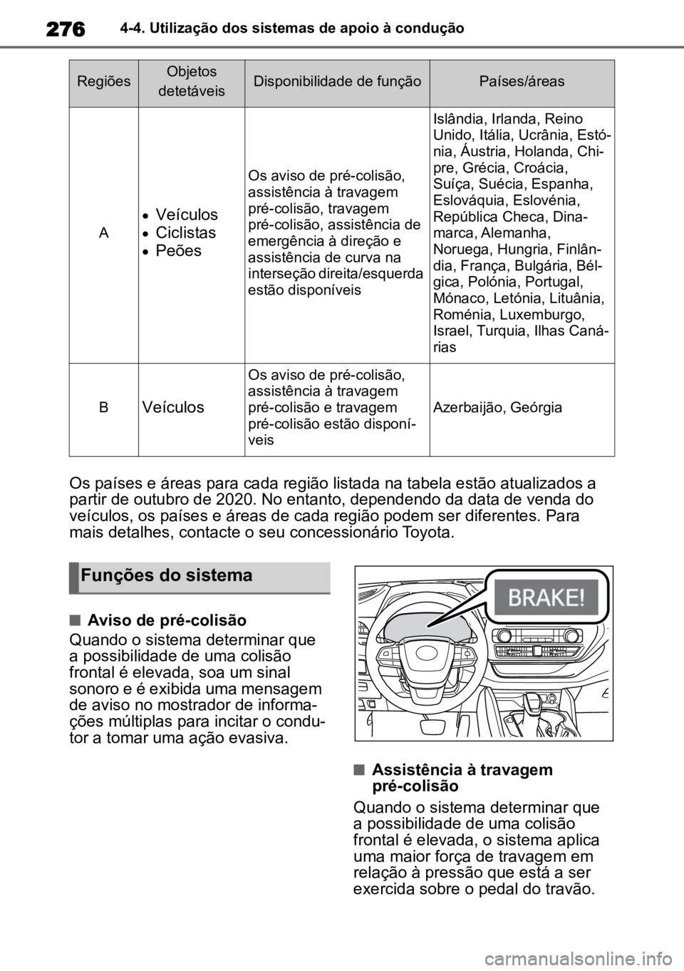 TOYOTA HIGHLANDER 2022 Manual de utilização (in Portuguese) 2764-4. Utilização dos sistemas de apoio à condução
Os países e áreas para cada região listada na tabela estão atualizados a
partir de outubro de 2020. No entanto, dependendo da data de vend TOYOTA HIGHLANDER 2022 Manual de utilização (in Portuguese) 2764-4. Utilização dos sistemas de apoio à condução
Os países e áreas para cada região listada na tabela estão atualizados a
partir de outubro de 2020. No entanto, dependendo da data de vend