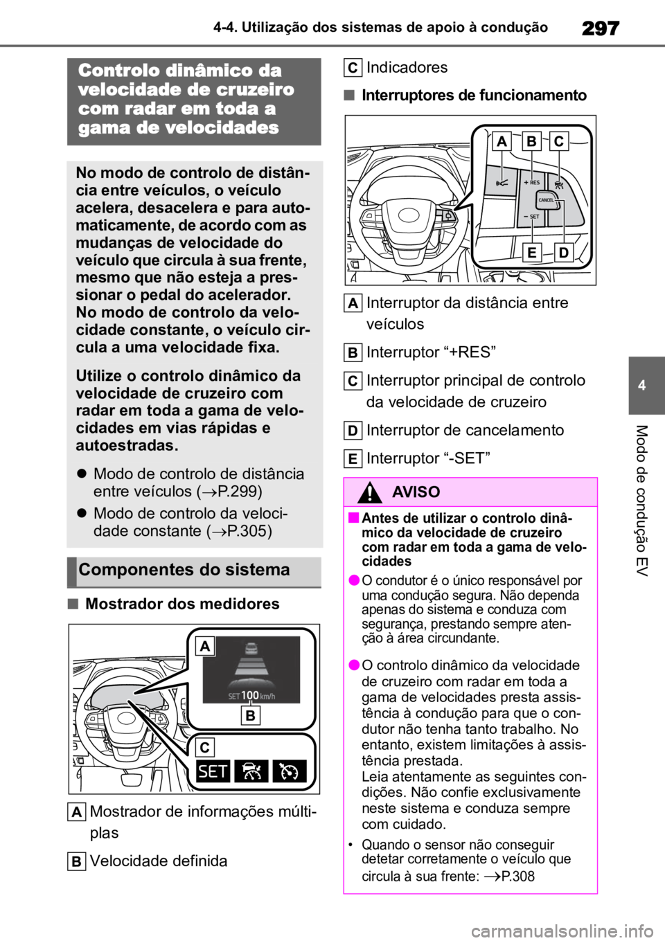 TOYOTA HIGHLANDER 2022 Manual de utilização (in Portuguese) 297
4
4-4. Utilização dos sistemas de apoio à condução
Modo de condução EV
nMostrador dos medidores
Mostrador de informações múlti -
plas
Velocidade definida Indicadores
nInterruptores de fu TOYOTA HIGHLANDER 2022 Manual de utilização (in Portuguese) 297
4
4-4. Utilização dos sistemas de apoio à condução
Modo de condução EV
nMostrador dos medidores
Mostrador de informações múlti -
plas
Velocidade definida Indicadores
nInterruptores de fu