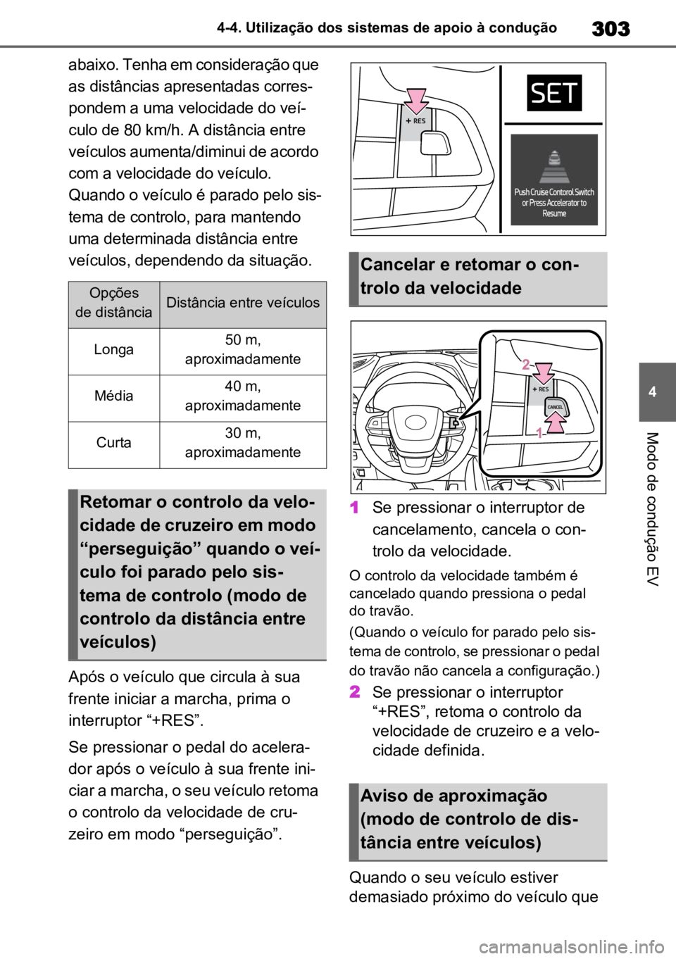 TOYOTA HIGHLANDER 2022 Manual de utilização (in Portuguese) 303
4
4-4. Utilização dos sistemas de apoio à condução
Modo de condução EV
abaixo. Tenha em consideração que
as distâncias apresentadas corres -
pondem a uma velocidade do veí -
culo de 80 TOYOTA HIGHLANDER 2022 Manual de utilização (in Portuguese) 303
4
4-4. Utilização dos sistemas de apoio à condução
Modo de condução EV
abaixo. Tenha em consideração que
as distâncias apresentadas corres -
pondem a uma velocidade do veí -
culo de 80