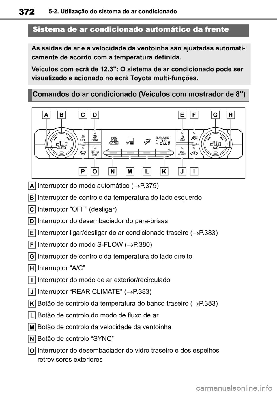 TOYOTA HIGHLANDER 2022 Manual de utilização (in Portuguese) 3725-2. Utilização do sistema de ar condicionado
5-2.Utilização do sistema de ar condicionado
Interruptor do modo automático (P.379)
Interruptor de controlo da temperatura do lado esquerdo
Int TOYOTA HIGHLANDER 2022 Manual de utilização (in Portuguese) 3725-2. Utilização do sistema de ar condicionado
5-2.Utilização do sistema de ar condicionado
Interruptor do modo automático (P.379)
Interruptor de controlo da temperatura do lado esquerdo
Int