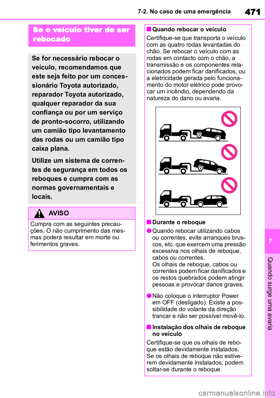 TOYOTA HIGHLANDER 2022  Manual de utilização (in Portuguese) 471
7
7-2. No caso de uma emergência
Quando surge uma avaria
7-2.No caso de uma emergênciaSe o veículo tiver de ser 
rebocado
Se for necessário rebocar o 
veículo, recomendamos que 
este seja fei