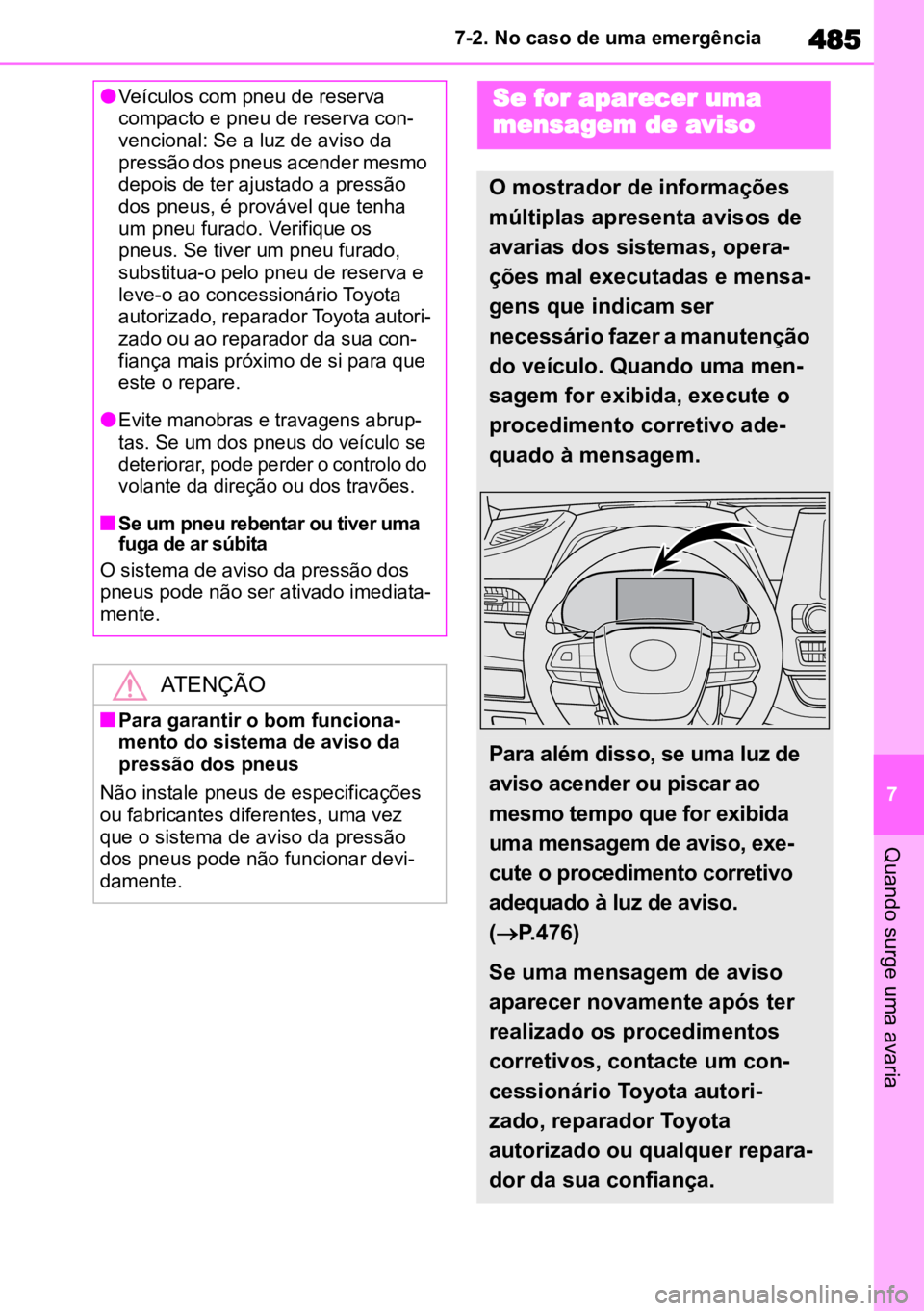 TOYOTA HIGHLANDER 2022  Manual de utilização (in Portuguese) 485
7
7-2. No caso de uma emergência
Quando surge uma avaria
lVeículos com pneu de reserva 
compacto e pneu de reserva con -
vencional: Se a luz de aviso da 
pressão dos pneus acender mesmo 
depois