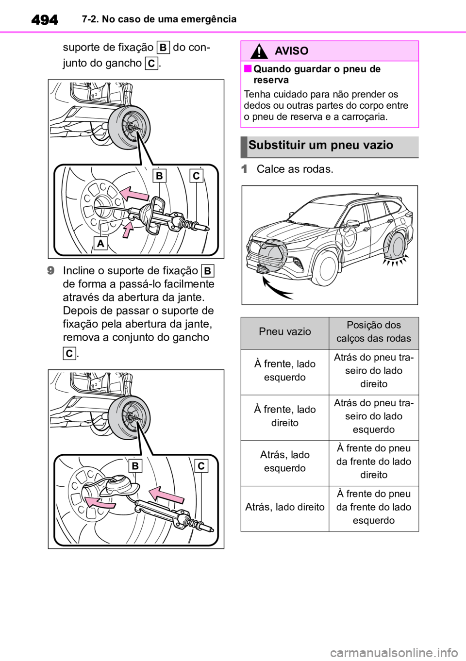 TOYOTA HIGHLANDER 2022 Manual de utilização (in Portuguese) 4947-2. No caso de uma emergência
suporte de fixação do con-
junto do gancho .
9 Incline o suporte de fixação
de forma a passá-lo facilmente
através da abertura da jante.
Depois de pass TOYOTA HIGHLANDER 2022 Manual de utilização (in Portuguese) 4947-2. No caso de uma emergência
suporte de fixação do con-
junto do gancho .
9 Incline o suporte de fixação
de forma a passá-lo facilmente
através da abertura da jante.
Depois de pass