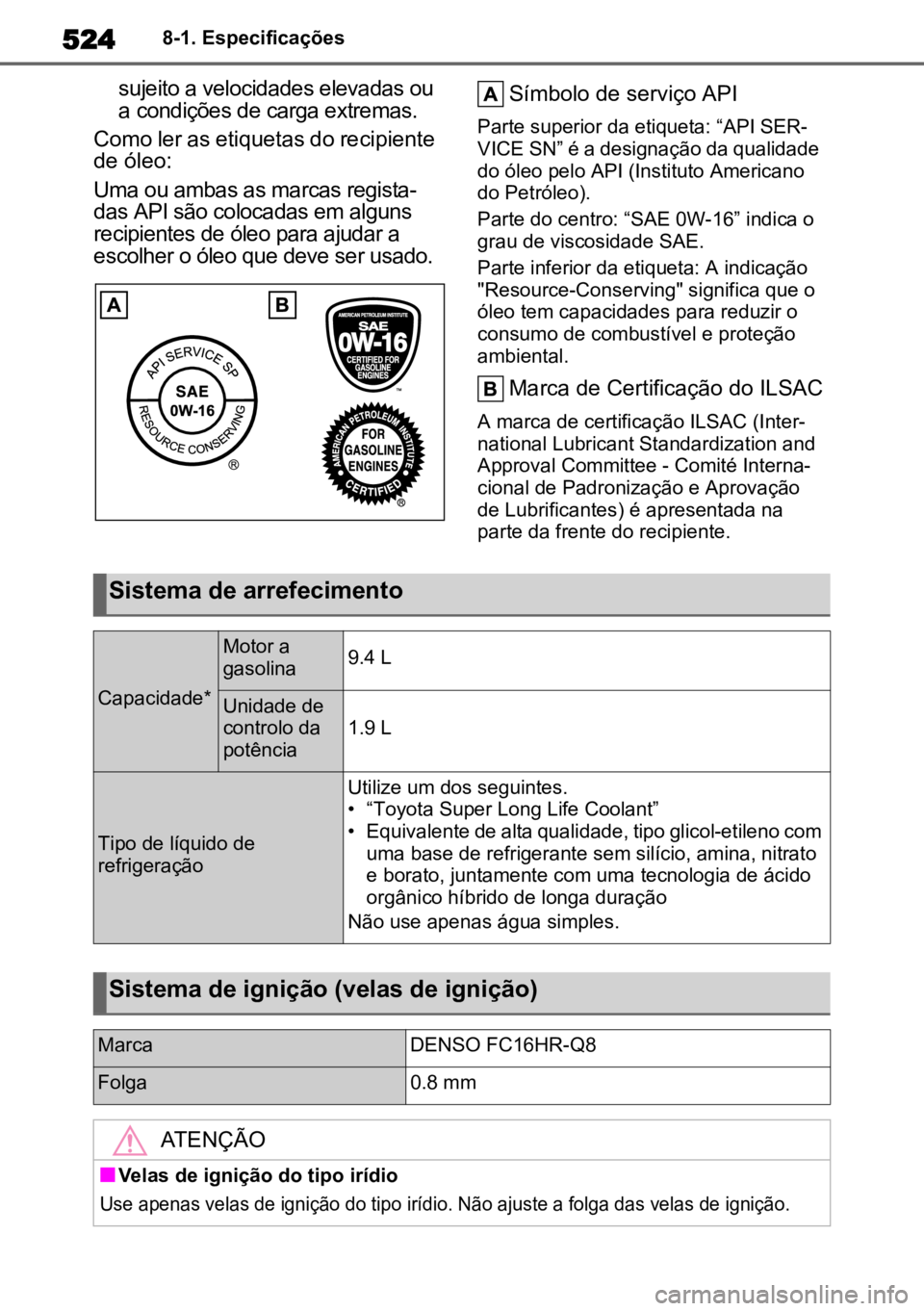 TOYOTA HIGHLANDER 2022 Manual de utilização (in Portuguese) 5248-1. Especificações
sujeito a velocidades elevadas ou
a condições de carga extremas.
Como ler as etiquetas do recipiente
de óleo:
Uma ou ambas as marcas regista -
das API são colocadas em a TOYOTA HIGHLANDER 2022 Manual de utilização (in Portuguese) 5248-1. Especificações
sujeito a velocidades elevadas ou
a condições de carga extremas.
Como ler as etiquetas do recipiente
de óleo:
Uma ou ambas as marcas regista -
das API são colocadas em a