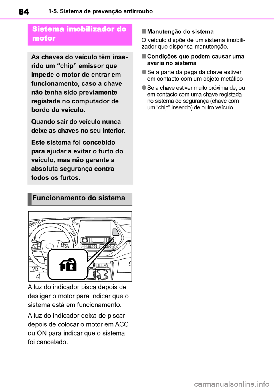 TOYOTA HIGHLANDER 2022 Manual de utilização (in Portuguese) 841-5. Sistema de prevenção antirroubo
1-5.Sistema de prevenção antirroubo
A luz do indicador pisca depois de
desligar o motor para indicar que o
sistema está em funcionamento.
A luz do indicad TOYOTA HIGHLANDER 2022 Manual de utilização (in Portuguese) 841-5. Sistema de prevenção antirroubo
1-5.Sistema de prevenção antirroubo
A luz do indicador pisca depois de
desligar o motor para indicar que o
sistema está em funcionamento.
A luz do indicad