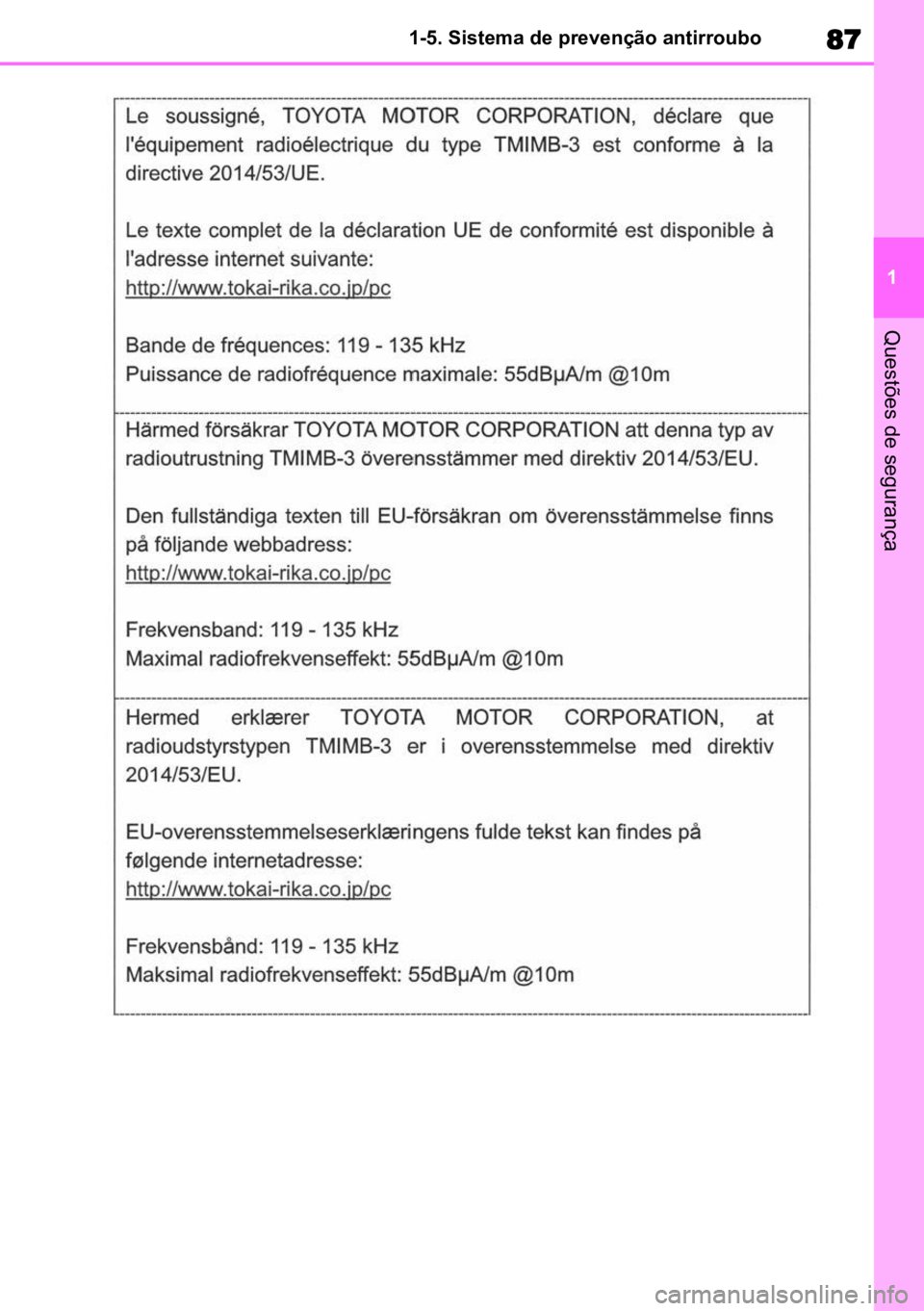 TOYOTA HIGHLANDER 2022 Manual de utilização (in Portuguese) 87
1
1-5. Sistema de prevenção antirroubo
Questões de segurança TOYOTA HIGHLANDER 2022 Manual de utilização (in Portuguese) 87
1
1-5. Sistema de prevenção antirroubo
Questões de segurança