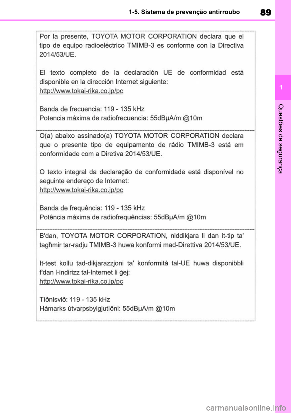 TOYOTA HIGHLANDER 2022  Manual de utilização (in Portuguese) 89
1
1-5. Sistema de prevenção antirroubo
Questões de segurança 
