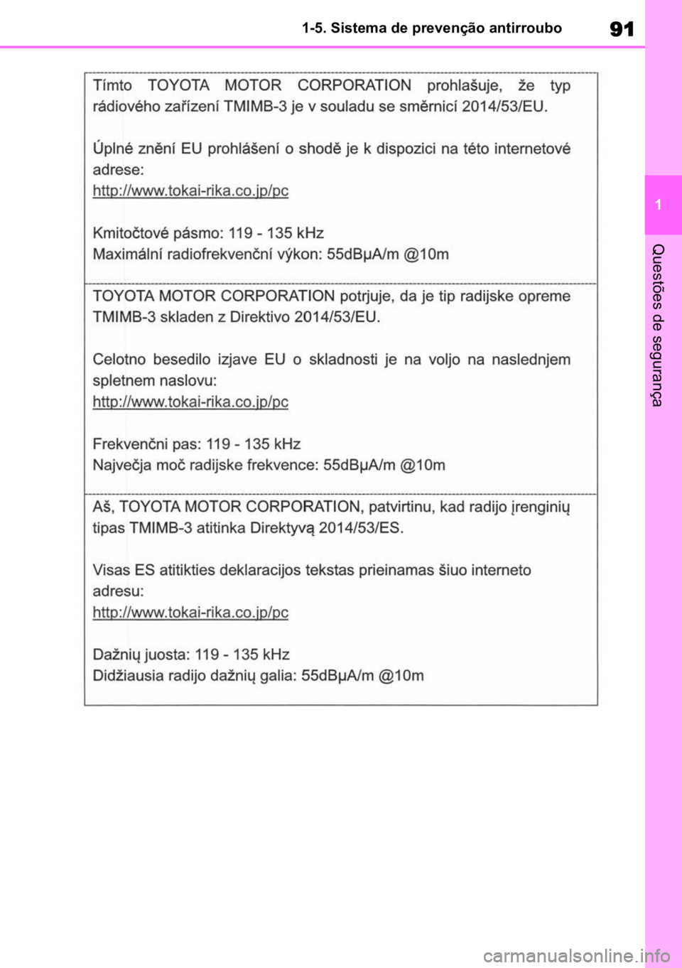 TOYOTA HIGHLANDER 2022  Manual de utilização (in Portuguese) 91
1
1-5. Sistema de prevenção antirroubo
Questões de segurança 
