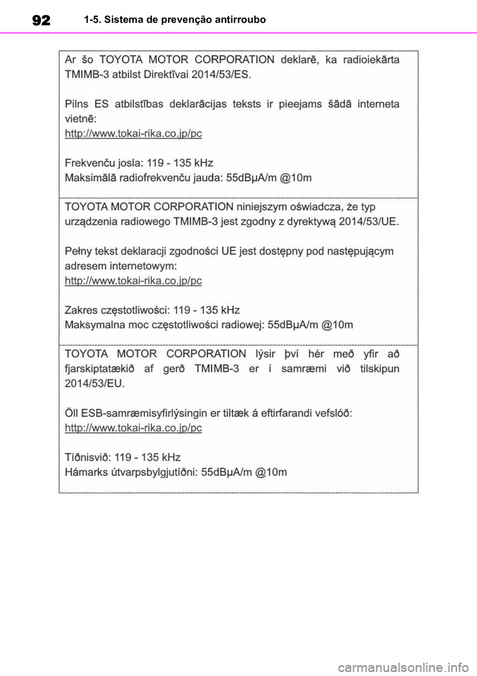 TOYOTA HIGHLANDER 2022  Manual de utilização (in Portuguese) 921-5. Sistema de prevenção antirroubo 