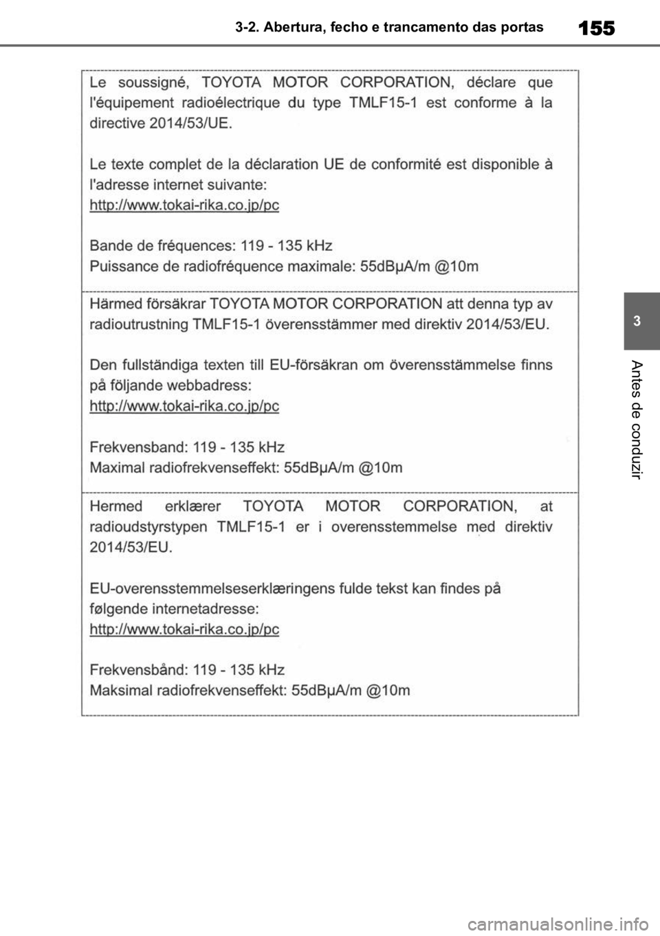 TOYOTA HIGHLANDER 2021  Manual de utilização (in Portuguese) 155
3
3-2. Abertura, fecho e trancamento das portas
Antes de conduzir 