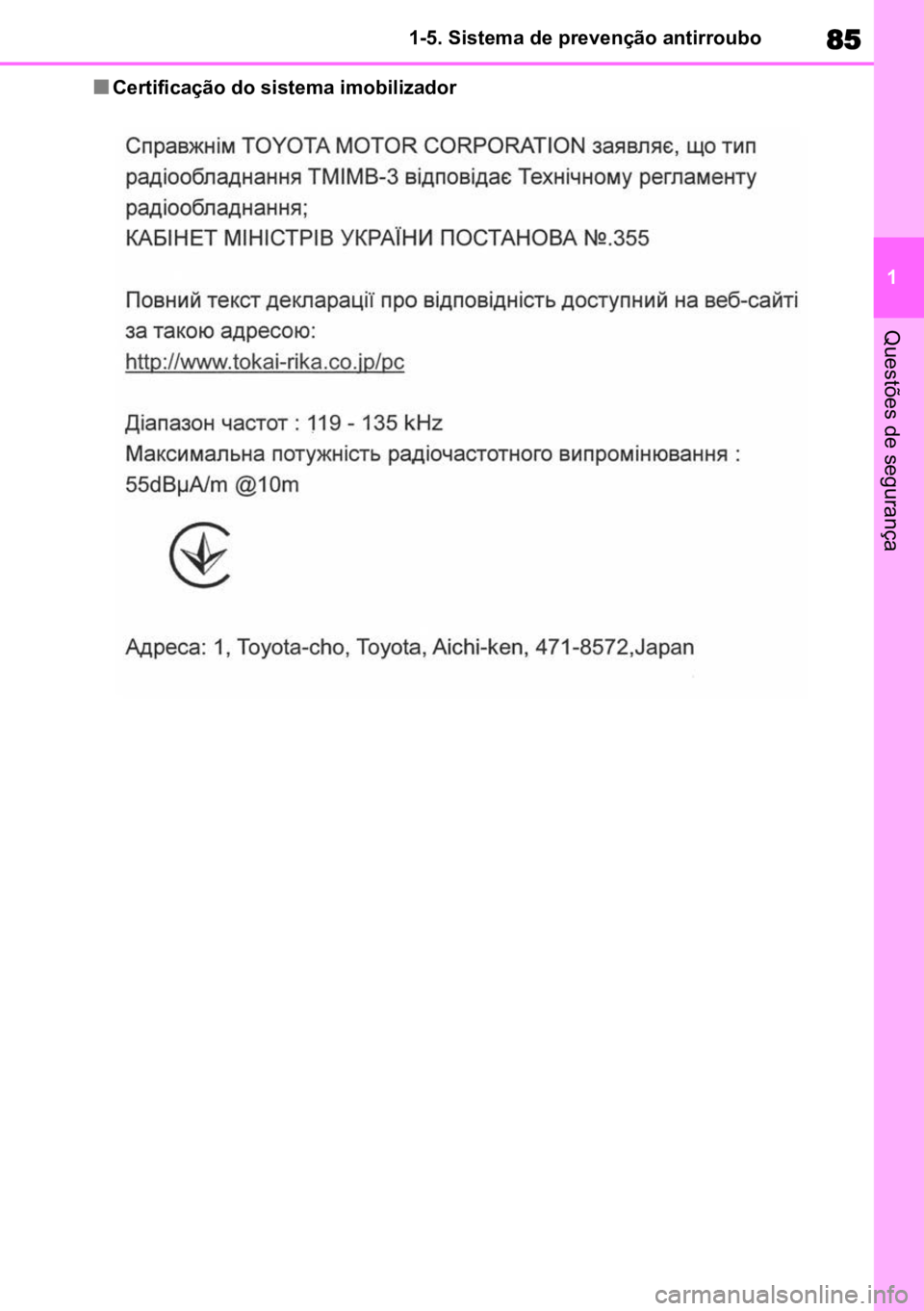 TOYOTA HIGHLANDER 2021  Manual de utilização (in Portuguese) 85
1
1-5. Sistema de prevenção antirroubo
Questões de segurança
nCertificação do sistema imobilizador 