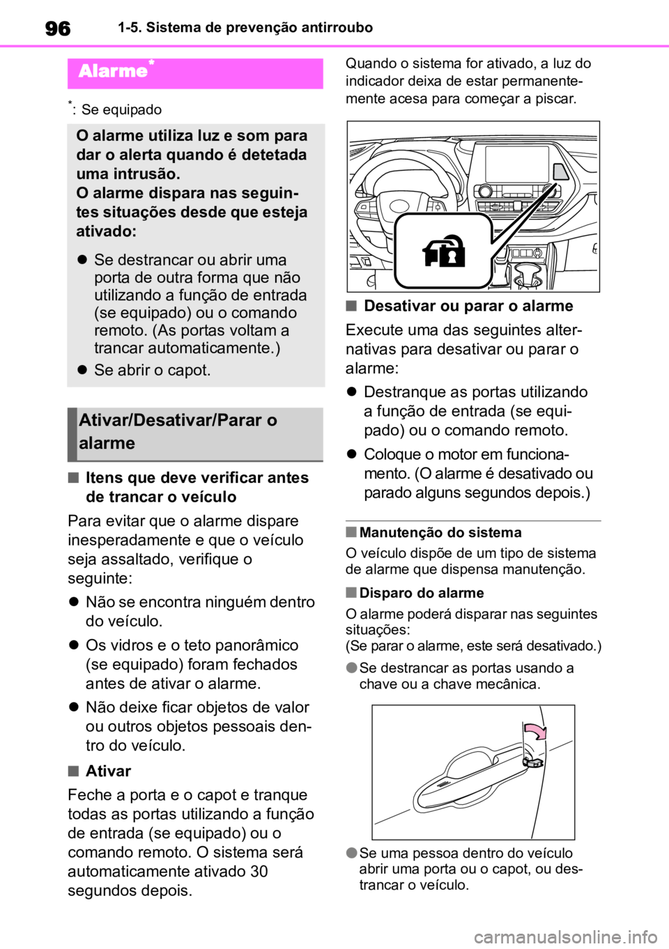 TOYOTA HIGHLANDER 2021  Manual de utilização (in Portuguese) 961-5. Sistema de prevenção antirroubo
*: Se equipado
nItens que deve verificar antes 
de trancar o veículo
Para evitar que o alarme dispare 
inesperadamente e que o veículo 
seja assaltado, verif